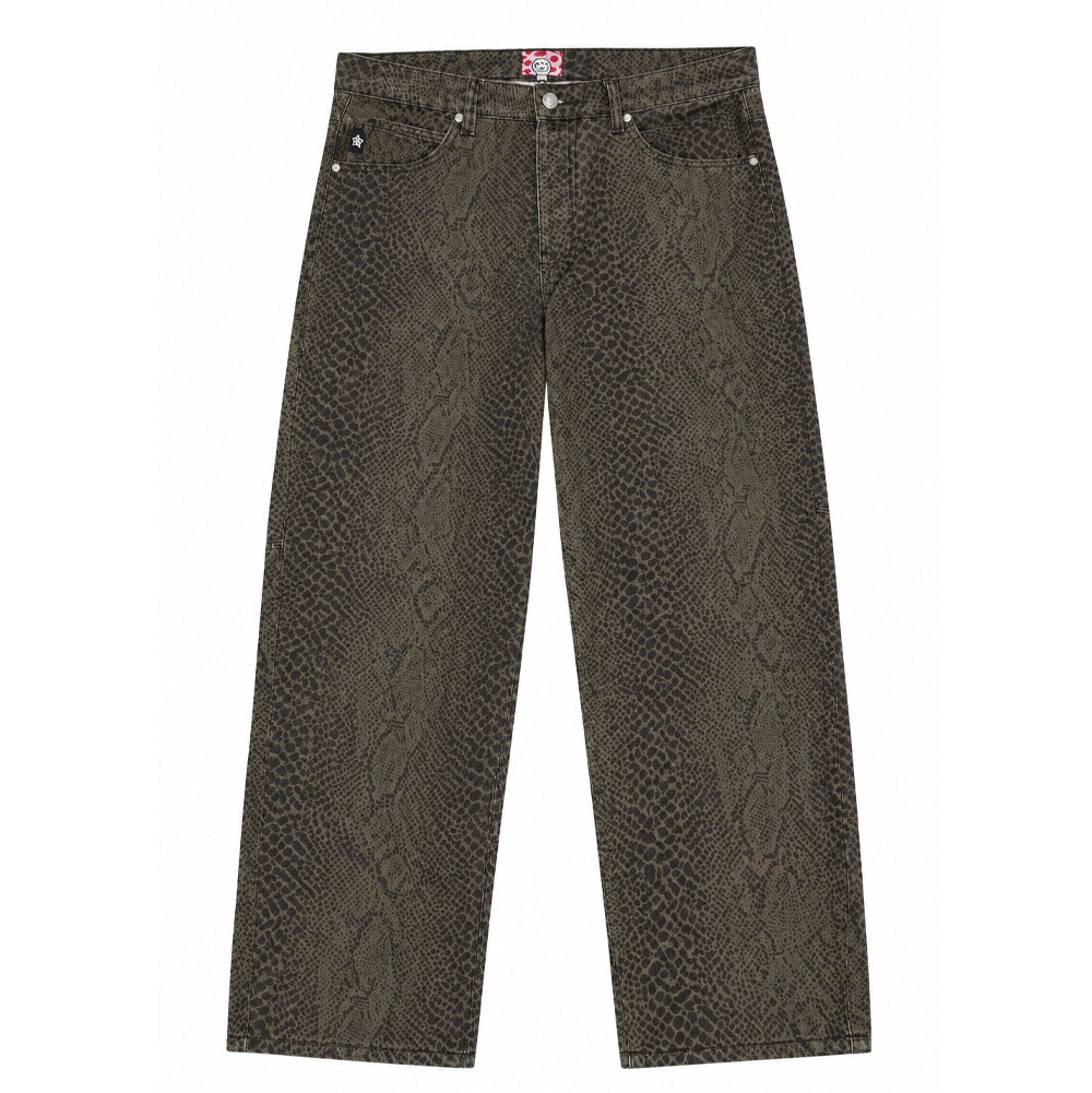 Front flat lay studio view of the olive-and-black Starteam East Village Snakeskin Star Jeans, highlighting the relaxed, roomy streetwear skate fit, five-pocket denim styling with metallic rivet reinforcements, standard zip fly with custom logo waist tack button, and seamless distribution of the dark olive python snakeskin pattern from waistband to leg cuffs.