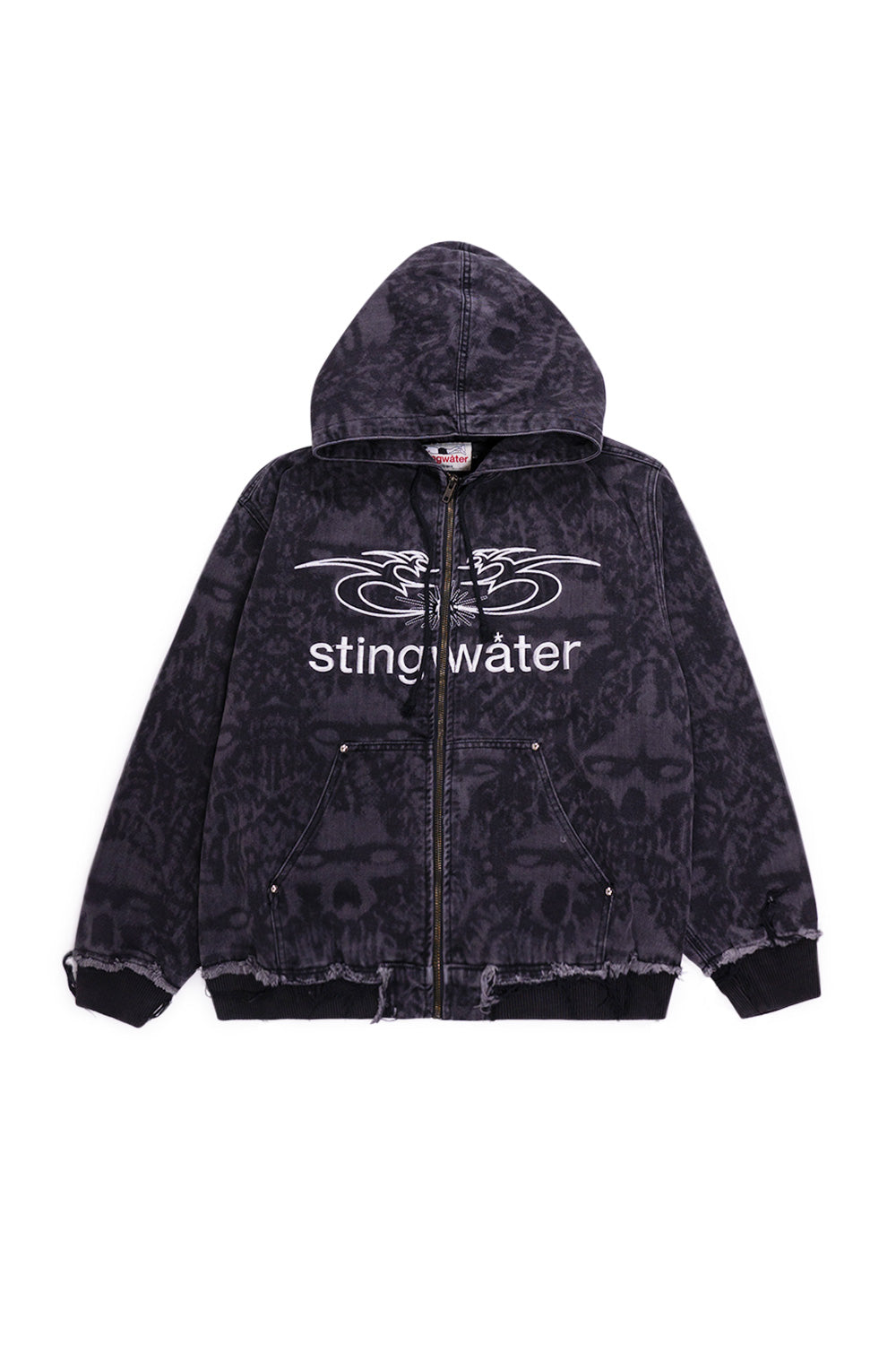 Stingwater Ego Death Denim Bomber Jacket Acid Black – Schwarze Jeansjacke mit Zip und Statement-Print