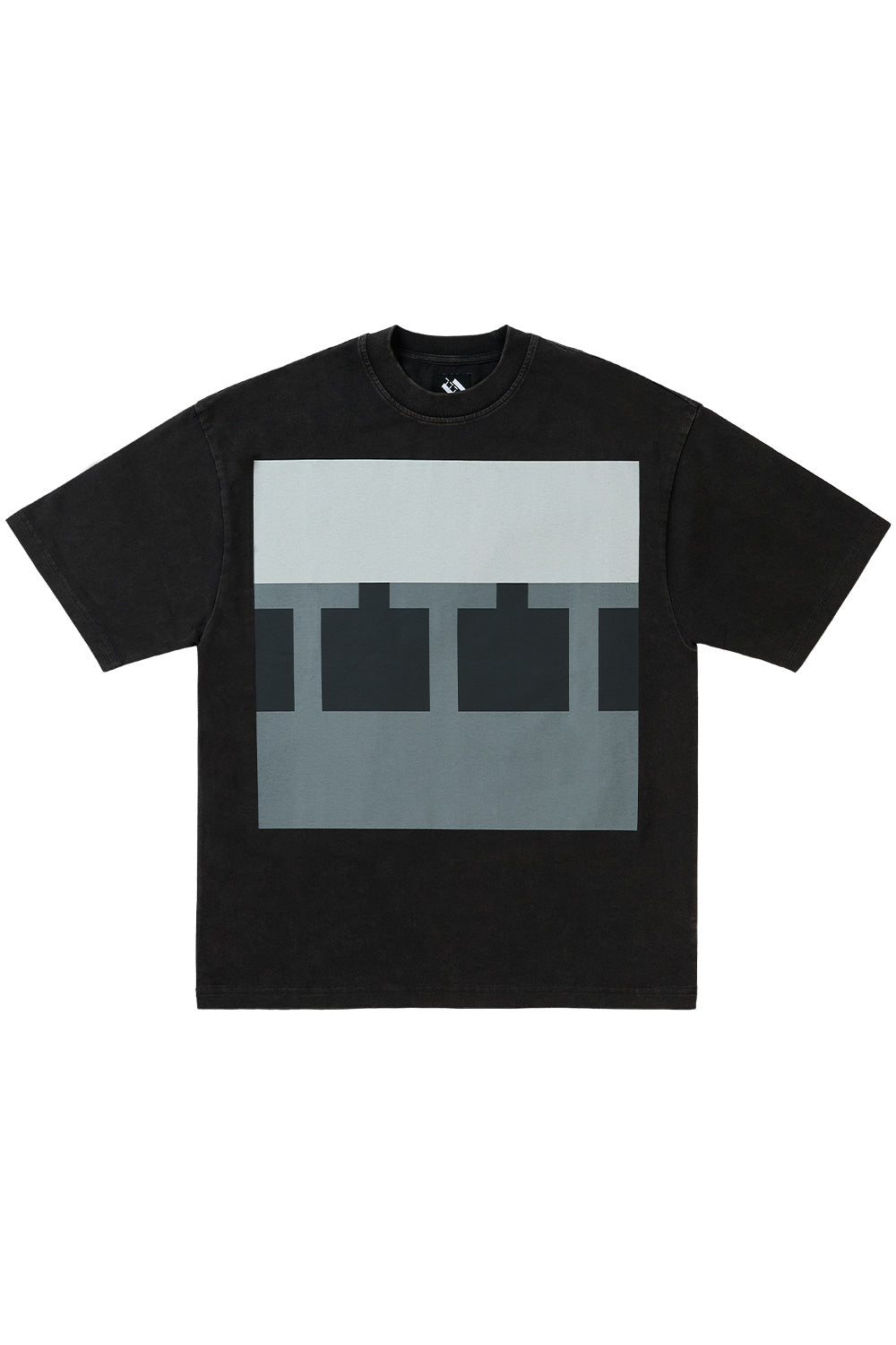 Front view of the The Trilogy Tapes Block T-Shirt Black Acid Wash featuring an oversized loose fit, heavyweight 100% cotton construction, large geometric Block graphic print across the chest, faded acid wash finish and premium underground streetwear design by Will Bankhead's London-based TTT label.