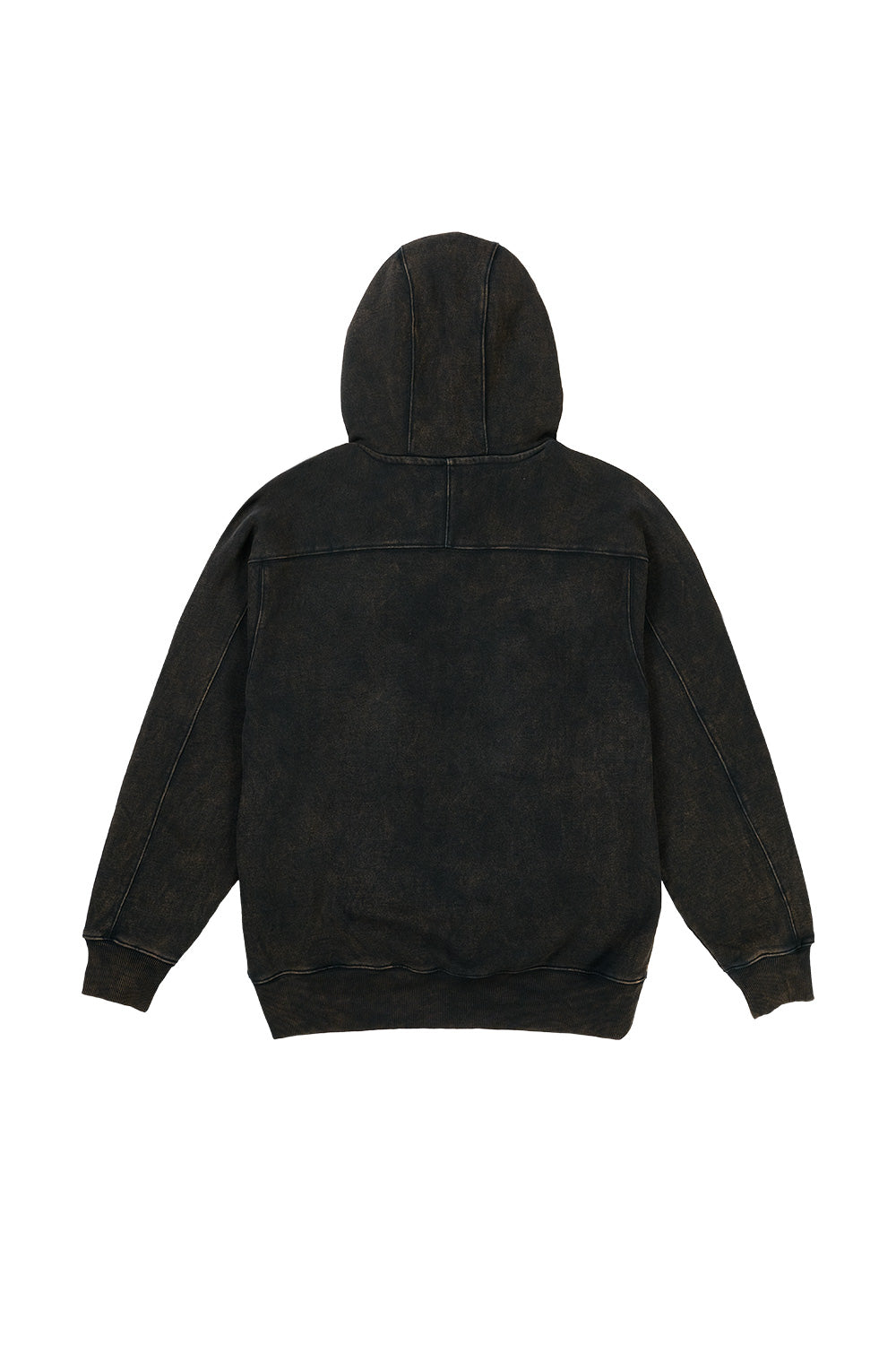 Back view of the The Trilogy Tapes Dash Line Hood in Black Acid Wash showcasing the oversized silhouette, premium acid washed cotton fabric, clean rear panel construction, ribbed hem and cuffs, and minimalist London streetwear aesthetic.