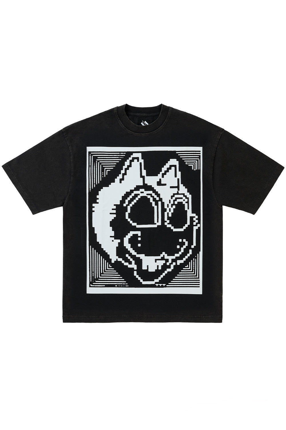 Front view of the The Trilogy Tapes Digicta T-Shirt Black featuring a loose oversized fit, heavyweight 100% cotton construction, bold Digicta pixel character graphic printed across the chest and signature underground streetwear aesthetic inspired by London's experimental techno, electronic music and graphic art scene.