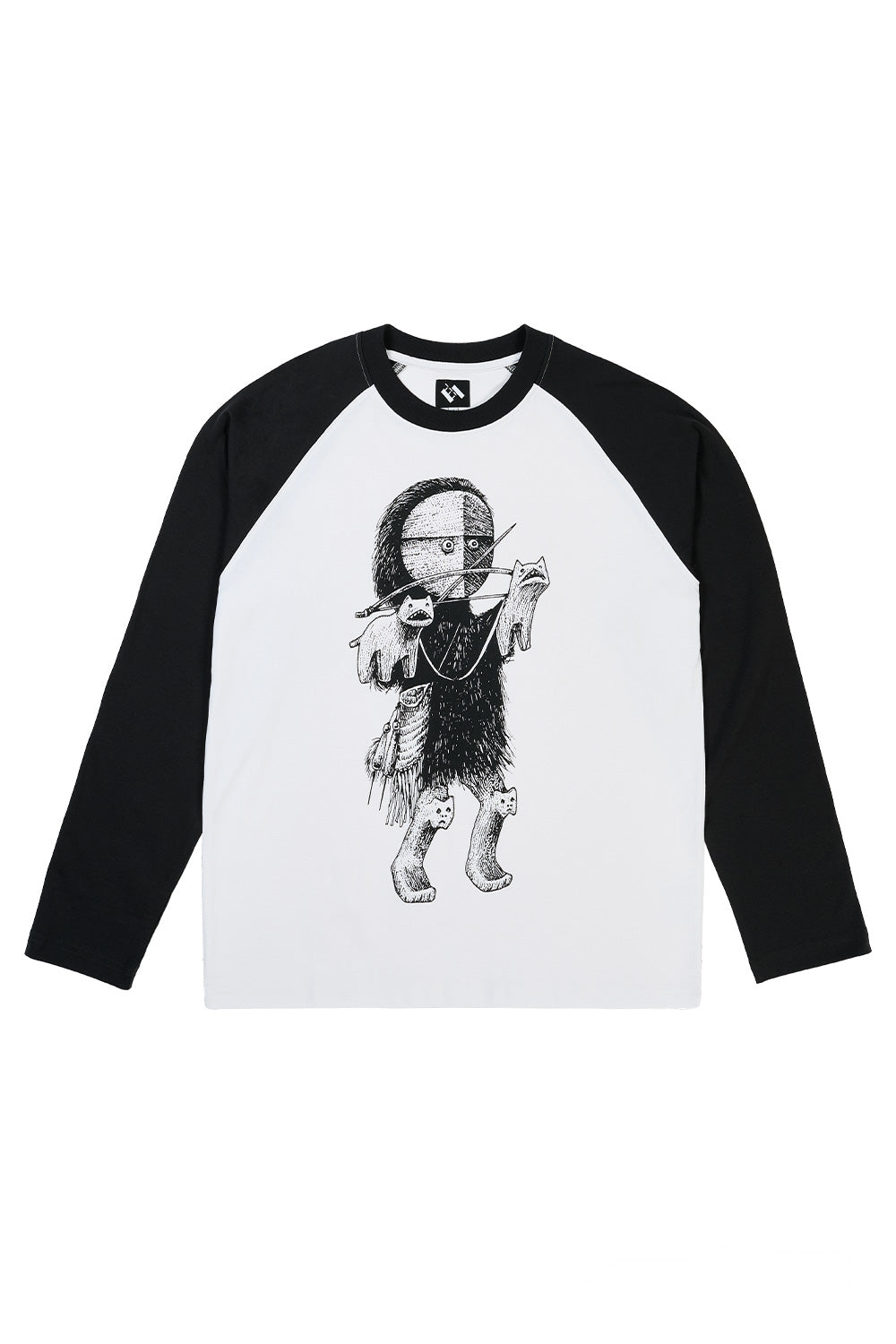 Front view of the The Trilogy Tapes Siberian Girl Raglan Black White long sleeve T-shirt featuring a heavyweight 100% cotton construction, relaxed loose fit, classic raglan sleeves, contrasting black and white color blocking and oversized Siberian Girl graphic print inspired by London's underground streetwear scene.