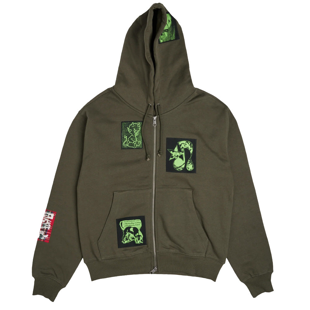 Front flat lay view of the olive green Token Carly Zip Hoodie in Trench, featuring a relaxed skate fit, full-length silver front zipper, split kangaroo pocket, drawstring hood, and multiple raw-edge canvas patches sewn across the chest, pocket, sleeve, and hood showcasing lime neon green graphic illustrations and red tartan plaid.