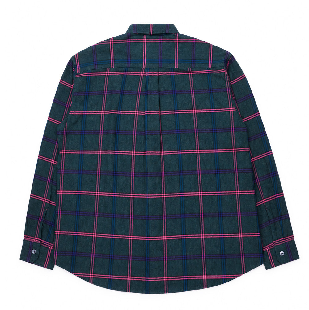 Back studio flat lay perspective of the Token Hardware Midnight Green Plaid Shirt, displaying the horizontal pattern alignment across the reinforced shoulder yoke, central box pleat for added movement, curved shirt tail hem, and long sleeves finished with buttoned barrel cuffs.
