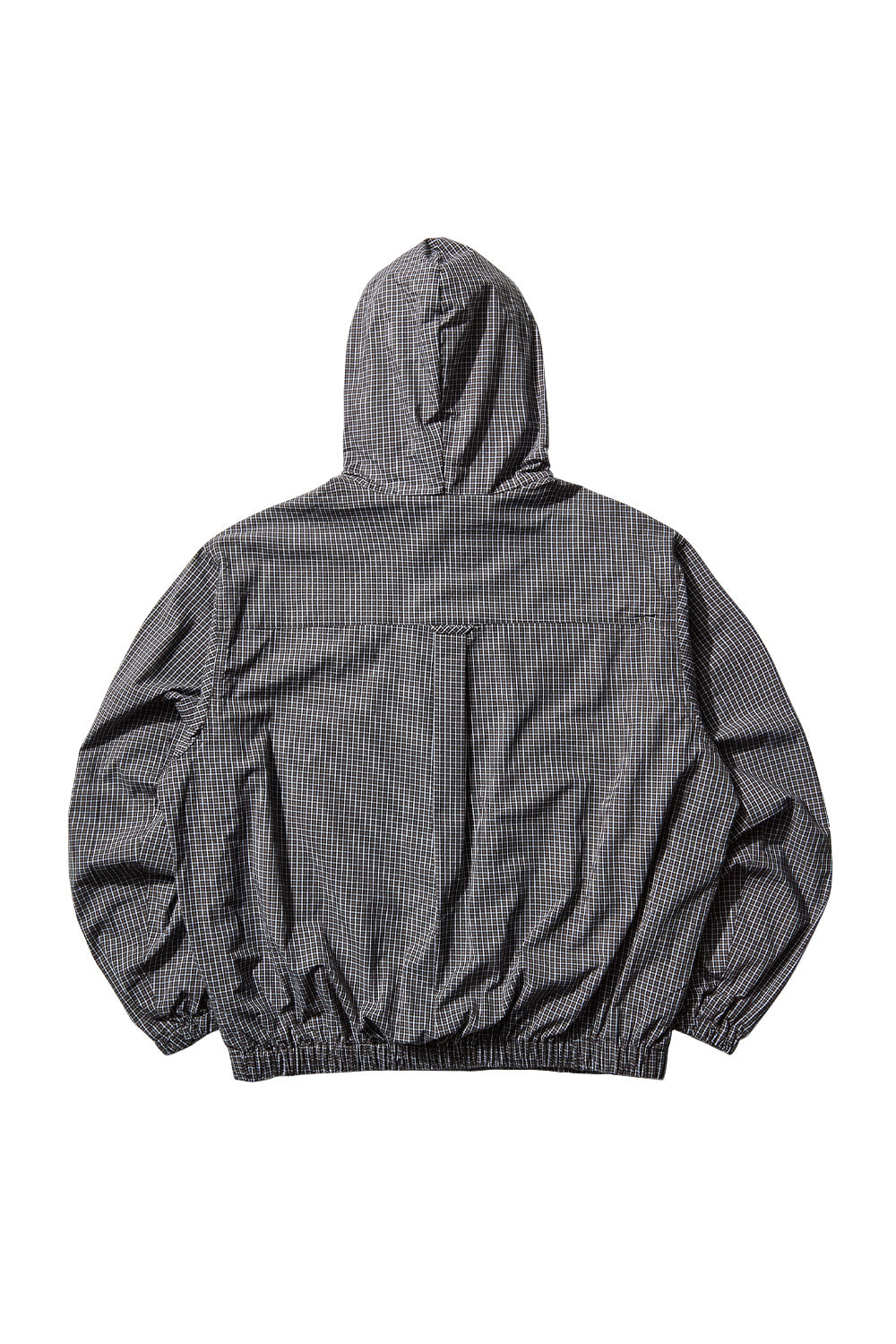 Back view of Umbro Gingham Masked Shirt with hooded design and elasticated hem, highlighting the structured shirt-jacket silhouette and timeless brown and white gingham pattern.