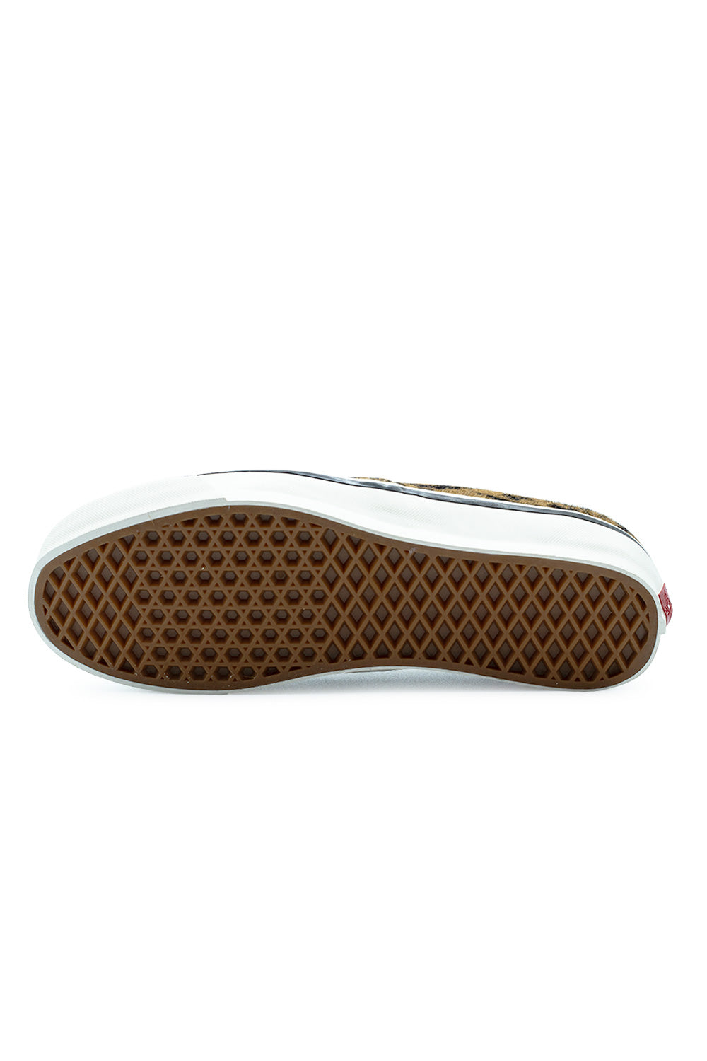 Full bottom view of the gum rubber vulcanized outsole on the Vans LX Authentic 44 Cow Marshmallow shoe, displaying the original 1966 diamond waffle tread pattern engineered for maximum skateboard grip and durability.