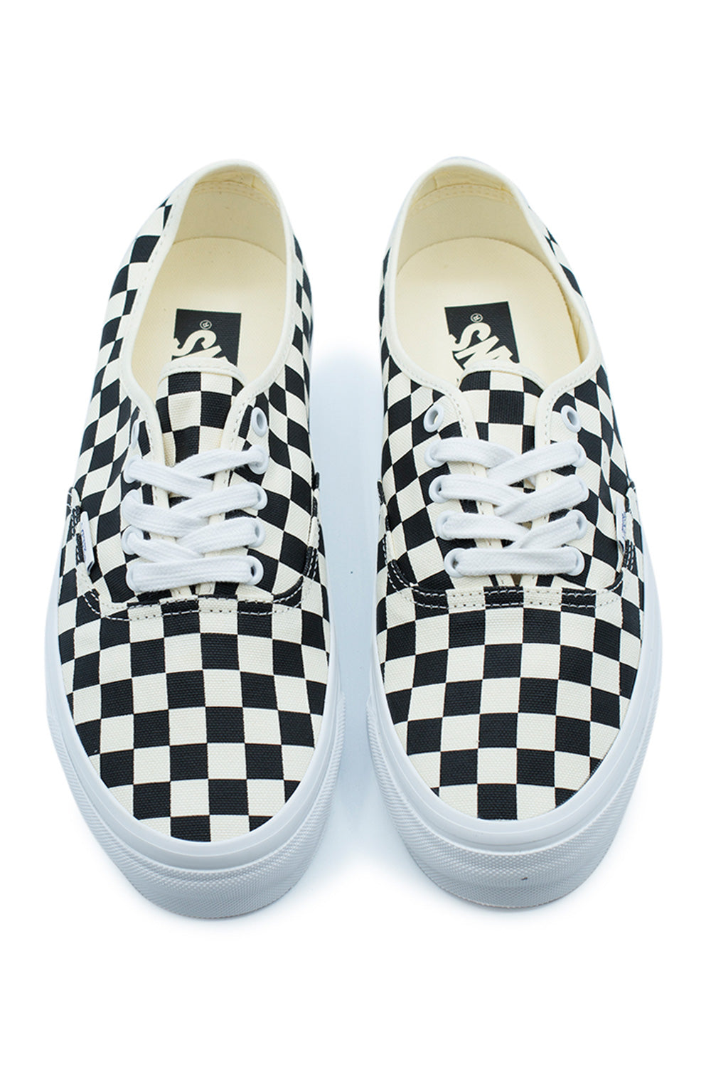 Top view of the Vans LX Authentic Reissue 44 Checkerboard Black / Off White showcasing the legendary black and off white checkerboard canvas, white cotton laces, premium full-grain leather collar lining, Sola Foam ADC comfort and authentic Vans Premium craftsmanship.
