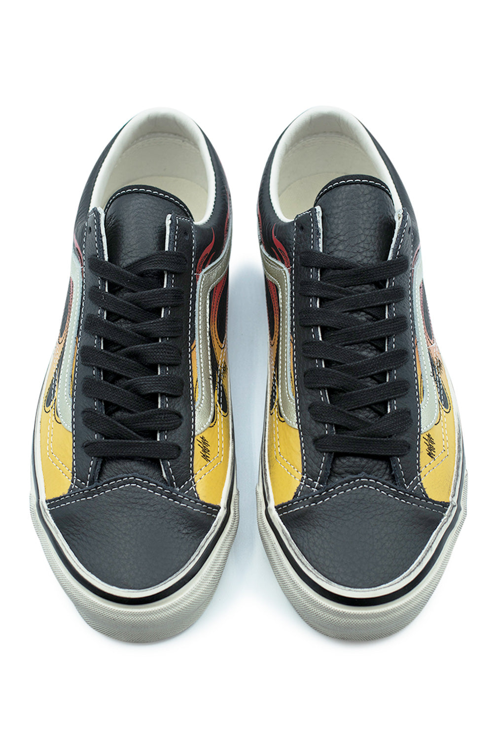 top view Vans Old Skool 36 LX Archive Flame Black featuring black leather construction, classic lace-up system, padded collar and bold flame artwork panels
