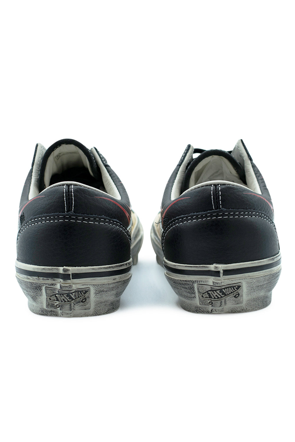 rear view Vans LX Old Skool 36 Archive Flame Black sneaker with Off The Wall heel tab, glossy foxing tape and distressed midsole for retro skateboarding look