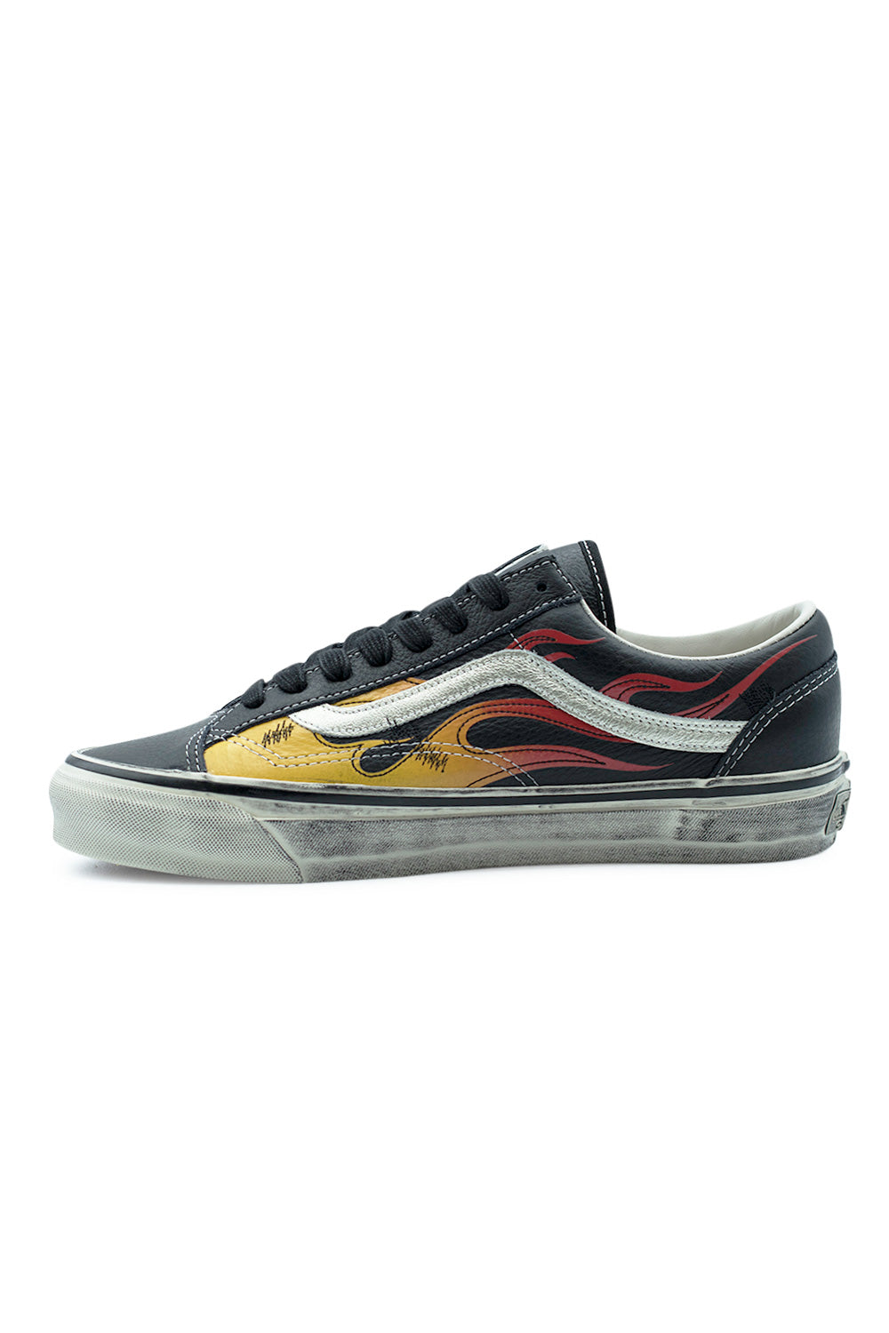 inner side Vans LX Old Skool 36 Archive Flame Black highlighting stitched leather overlays, flame print detailing and durable skate-ready low top silhouette