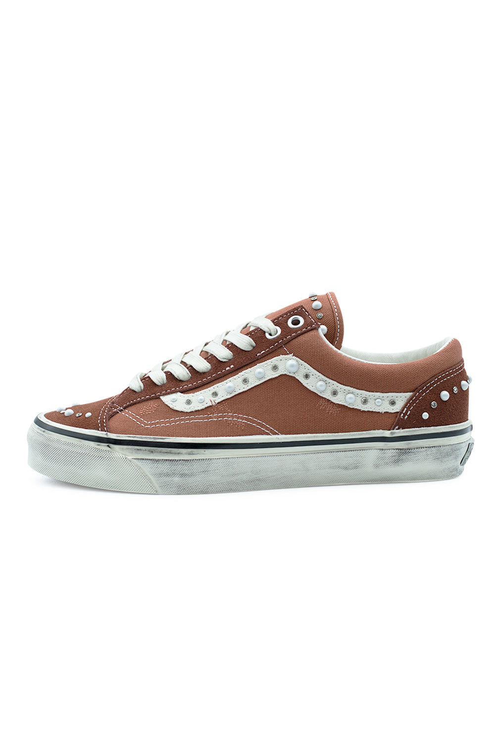 Vans LX Old Skool 36 Pearlized Rust Bronze side view sneaker with premium suede and canvas upper, pearl stud detailing on iconic side stripe and vintage vulcanized skate sole