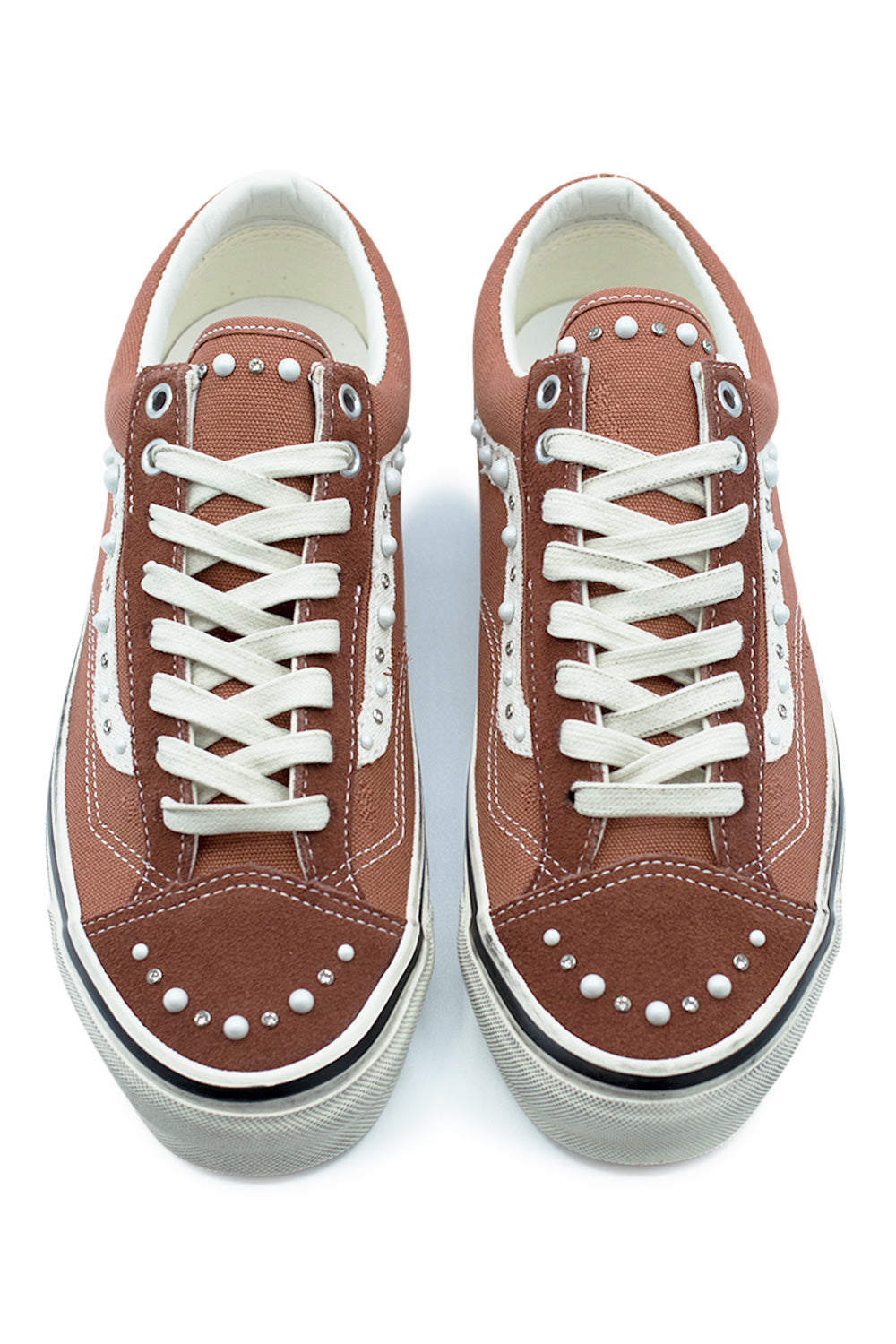 top view Vans Old Skool 36 LX Rust Bronze showcasing pearl embellished toe cap, cream laces, padded collar and luxury skateboarding sneaker design with canvas panels