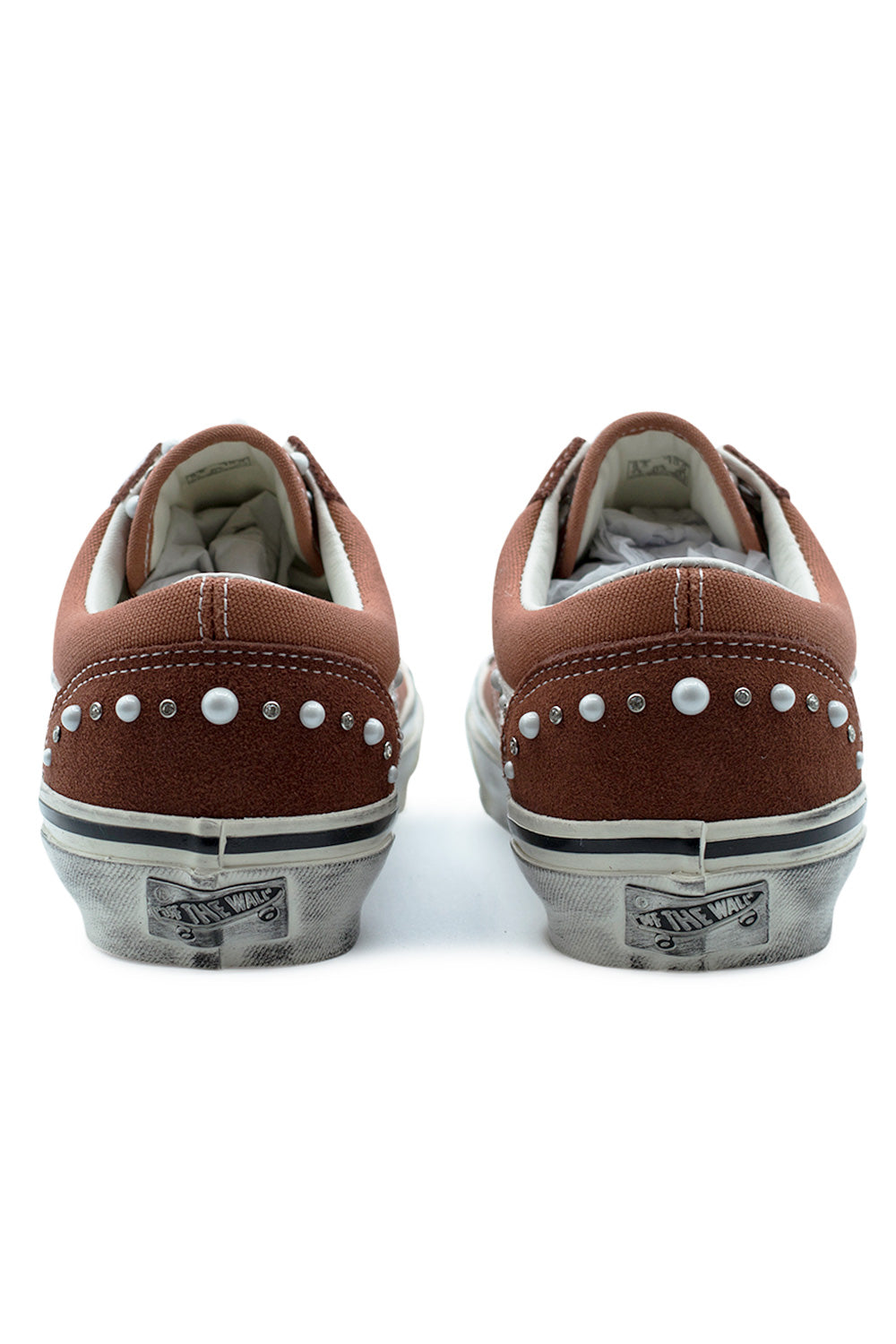 rear angle Vans LX Old Skool 36 Pearlized Rust Bronze featuring studded heel overlay, Off The Wall branding, worn-in foxing tape and classic low top skate shoe silhouette