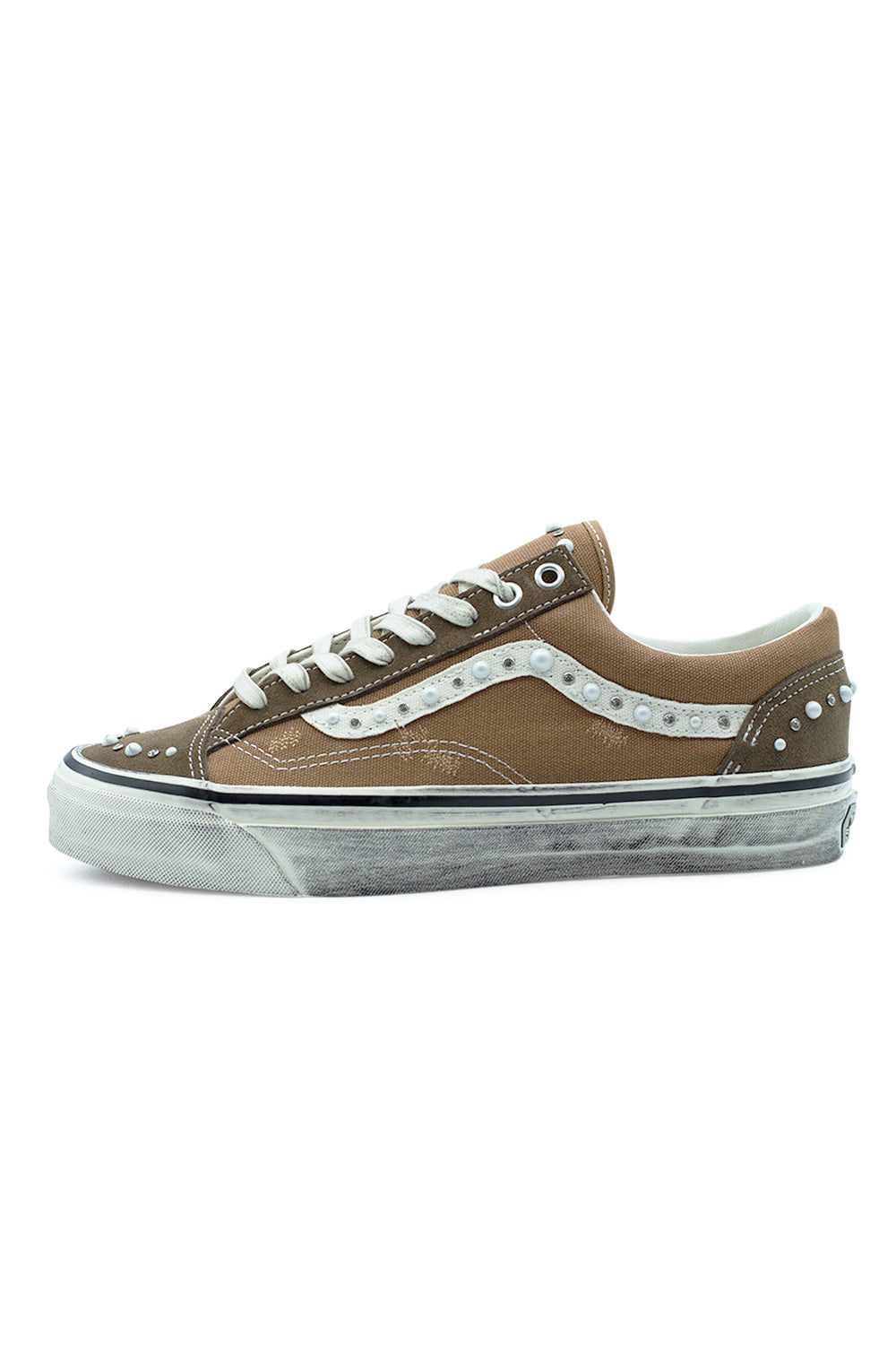 Vans LX Old Skool 36 Pearlized Vintage Cocoa side profile with light brown suede, canvas panels and pearl-studded side stripe, premium Vans Vault low top skate sneaker