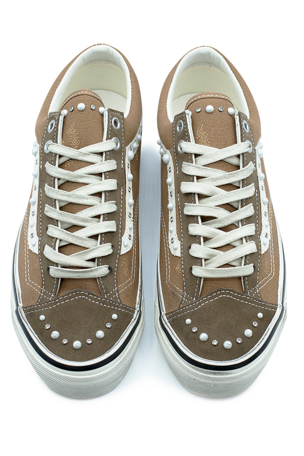 top view Vans Old Skool 36 LX Vintage Cocoa featuring pearl embellished toe box, cream laces, padded collar and refined heritage skate shoe design