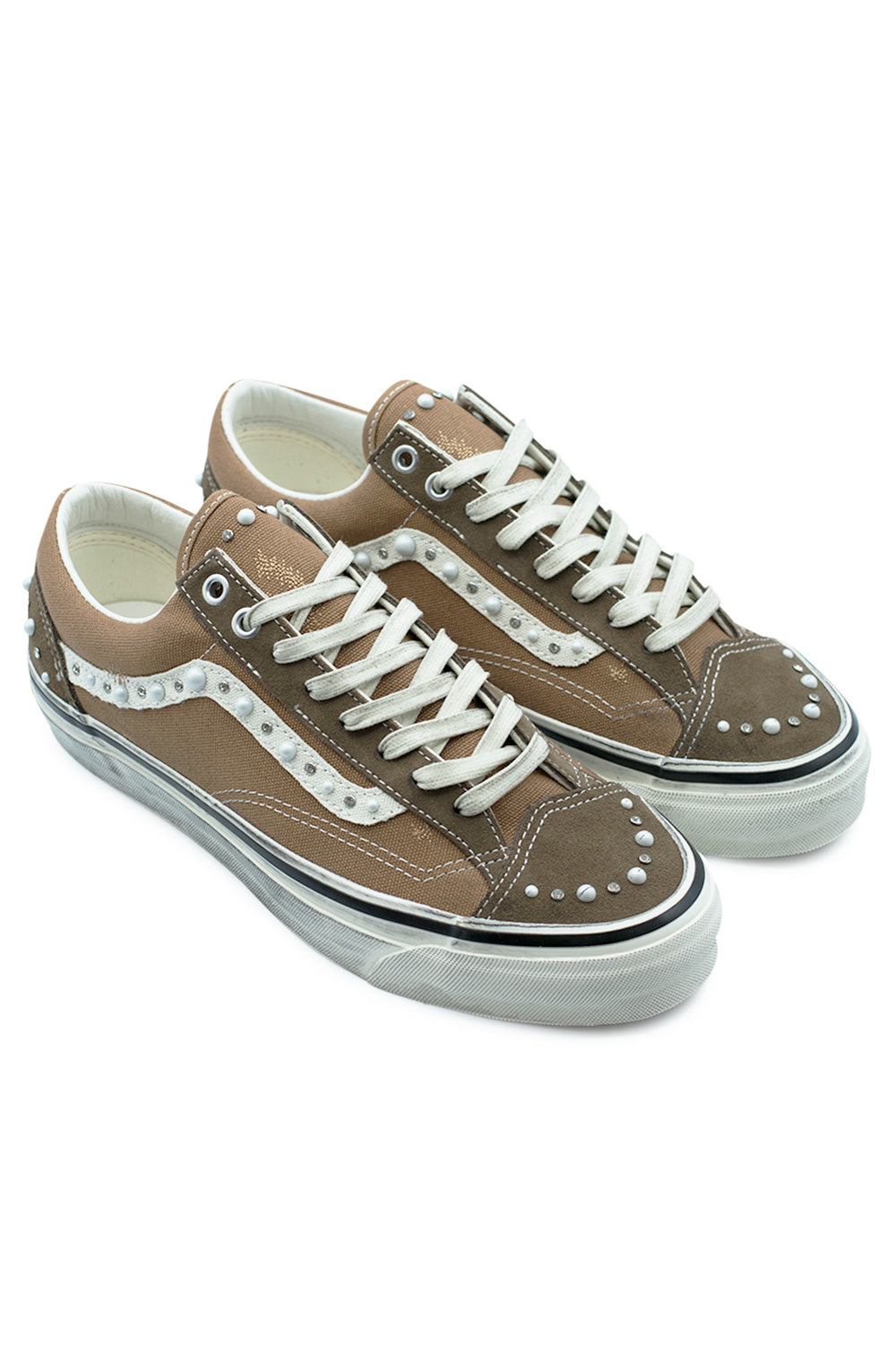 pair of Vans Old Skool 36 LX Pearlized Vintage Cocoa sneakers angled shot showing premium suede overlays, decorative pearl accents and luxury skateboarding silhouette