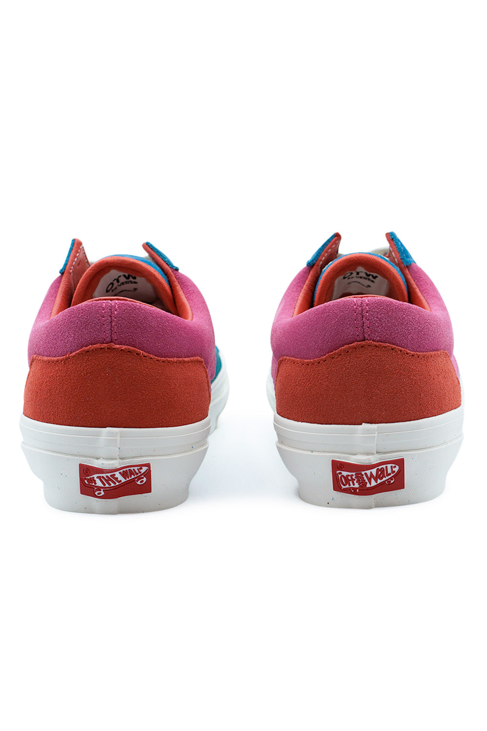 Rear view of Vans OTW x Parra Old Skool 36 showing Carmine suede heel panels, Off The Wall heel branding, leather ankle lining and artist-driven skate design