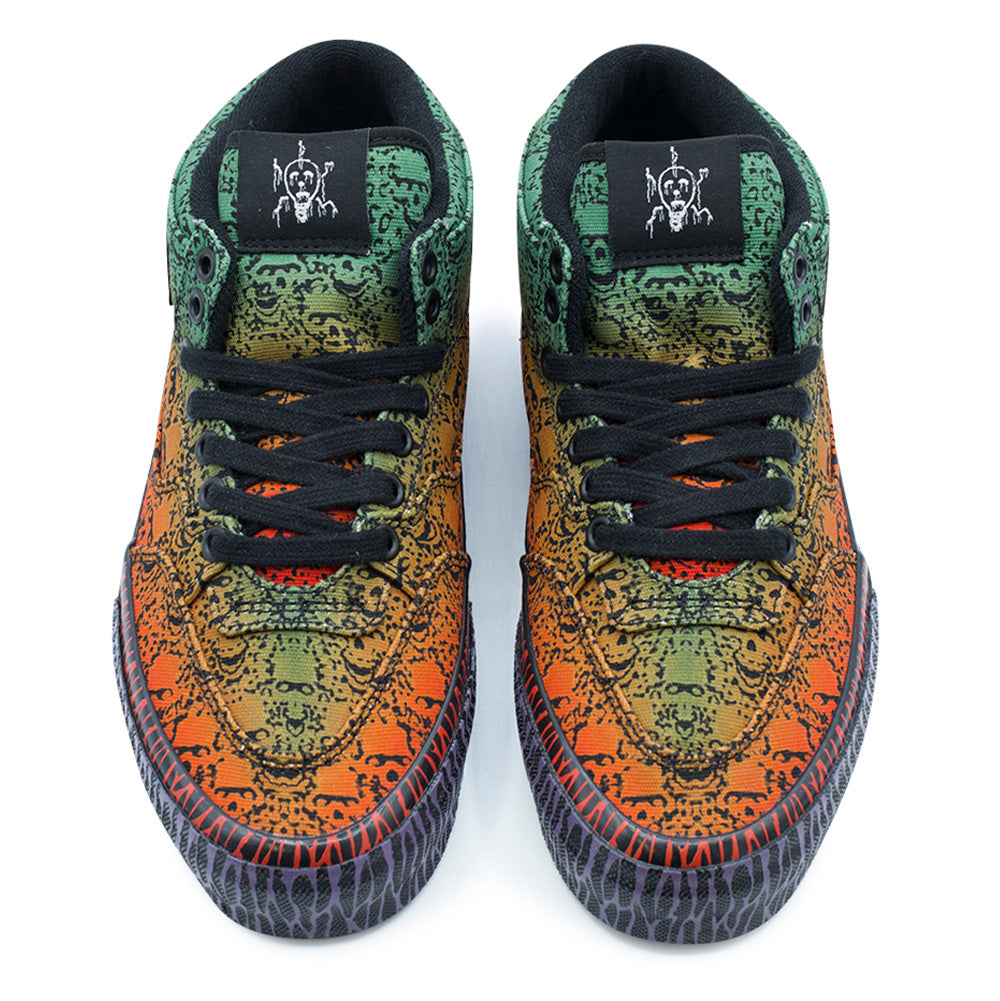 Top-down studio shot of the Vans OTW x Chito Half Cab 33 pair, highlighting the seamless skull graphic continuation across the toe vamps, flat black cotton laces threaded through black metal eyelets, black canvas tongues topped with woven black patches featuring Chito's signature white pup character illustration, and tribal-patterned vulcanized rubber foxing.