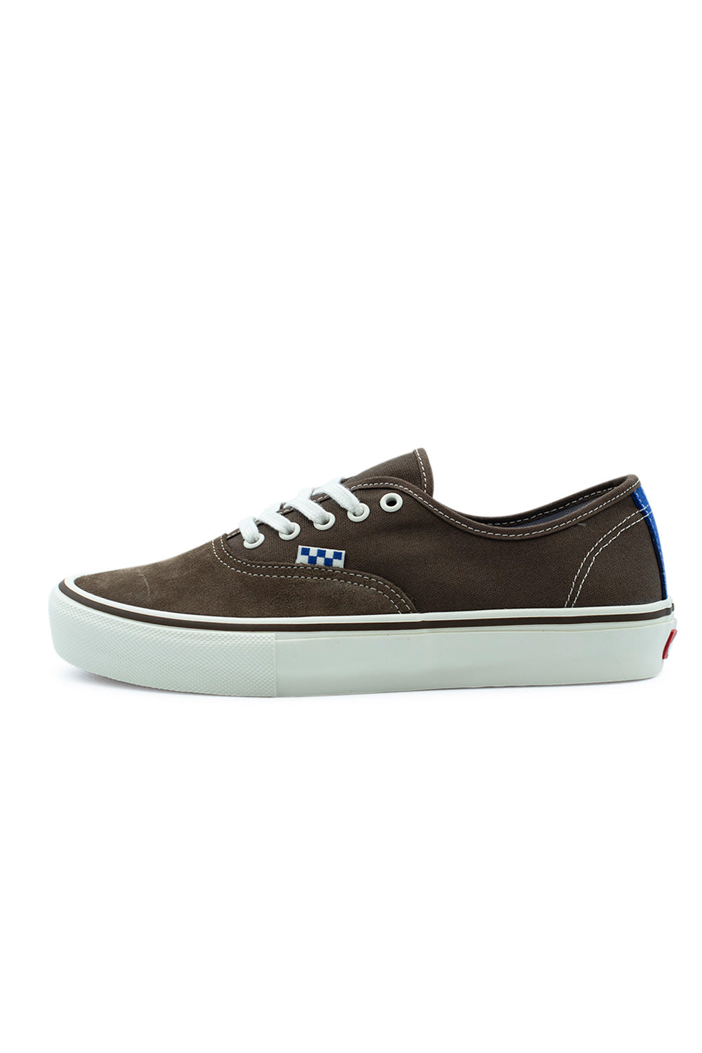 Lateral side profile view of the Vans Skate Authentic shoe in Vintage Cocoa, displaying the dark brown suede toe cap, sturdy canvas side panel, white metal eyelets, white laces, off-white vulcanized midsole with a checkerboard flag tag, and a contrasting blue suede heel strip.