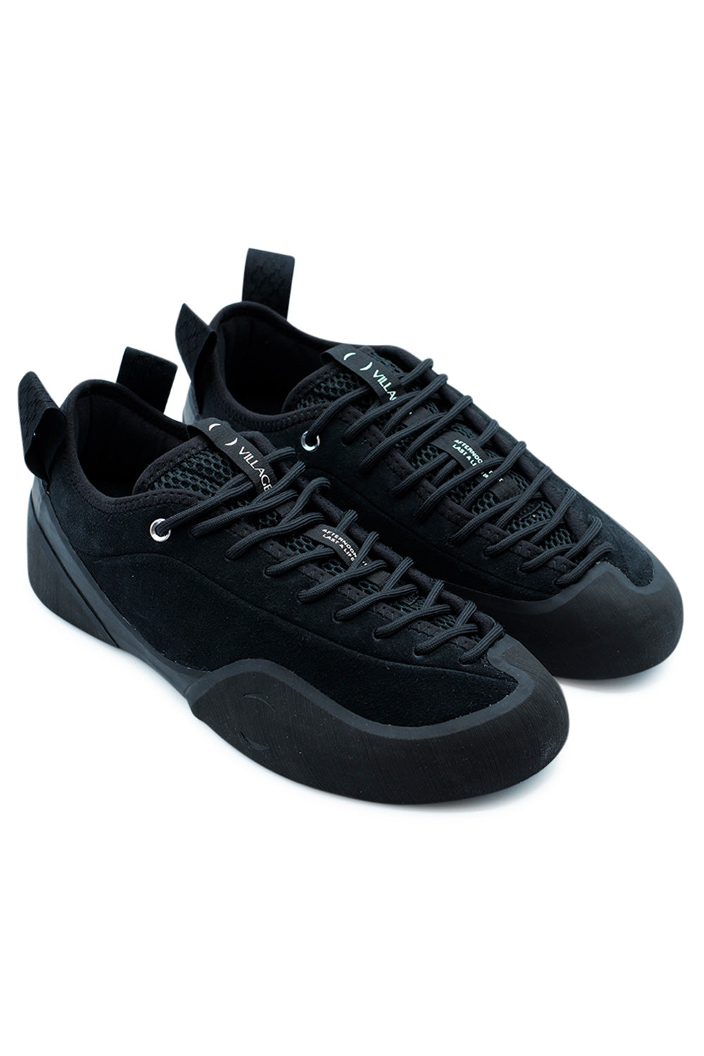 Village PM 1PM Black Natural Black skate shoe pair displayed at angle showcasing premium suede construction, climbing rubber forefoot rand and modern technical skate silhouette