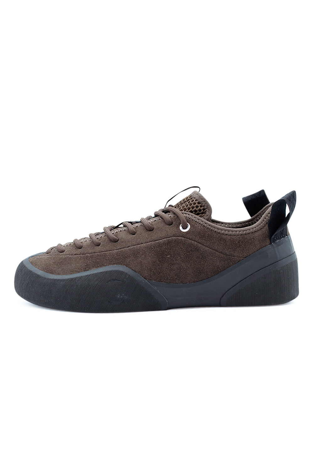 Village PM 1PM Chocolate Natural Black skateboard shoe side view with premium chocolate suede upper, Rubber Glove Technology rubber rand and modern Village PM technical skate silhouette