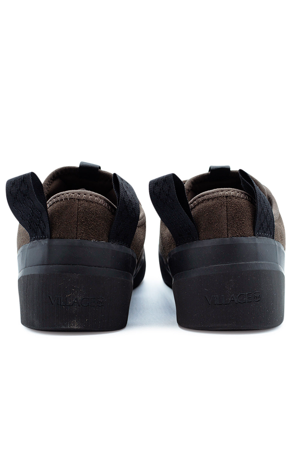 Rear view of Village PM 1PM Chocolate Natural Black skateboard sneaker featuring reinforced heel tabs, padded collar and durable rubber midsole with embossed Village branding