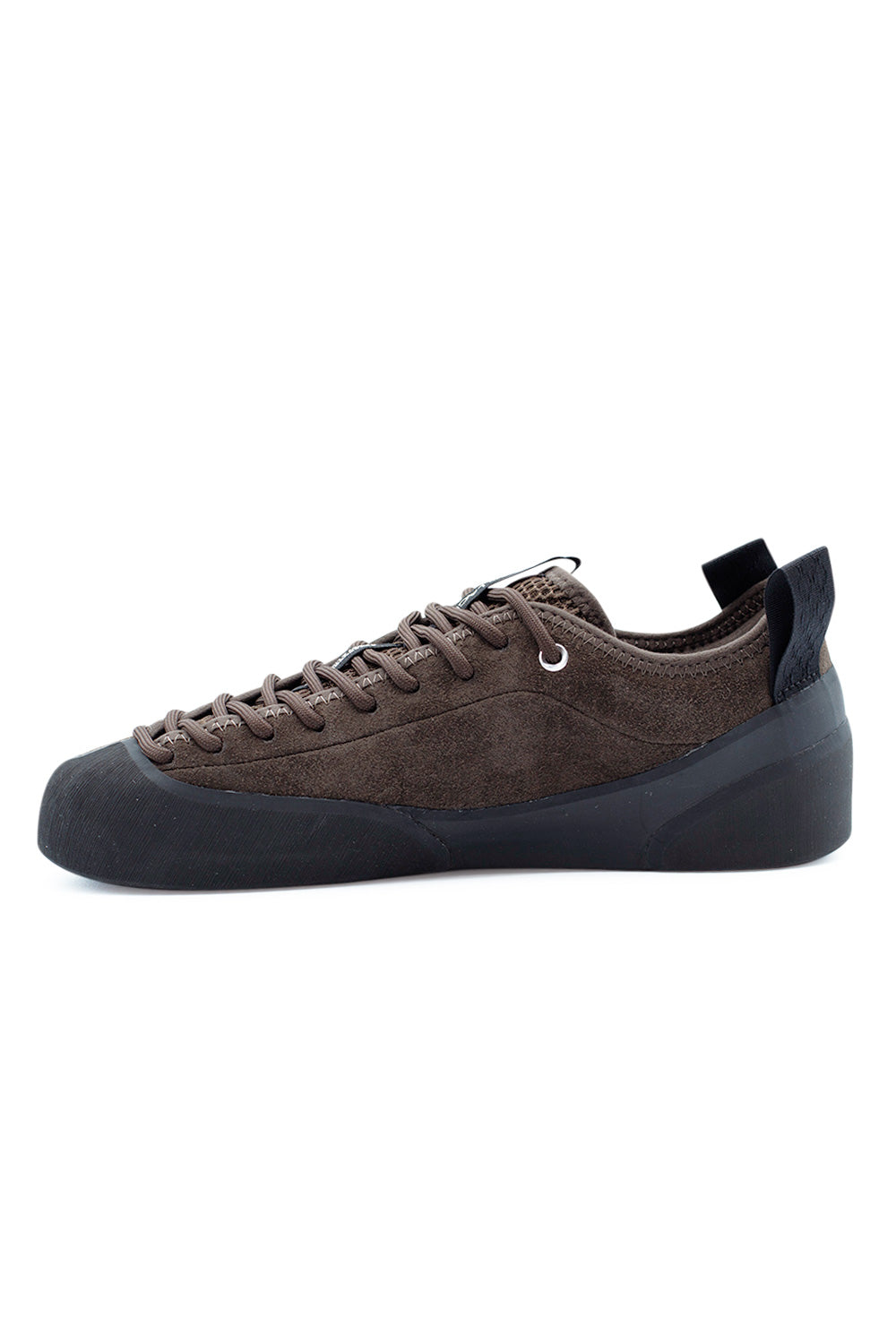 Village PM 1PM Chocolate Natural Black skateboarding sneaker lateral angle displaying asymmetrical upper shape, durable rubber protection and precision skate fit