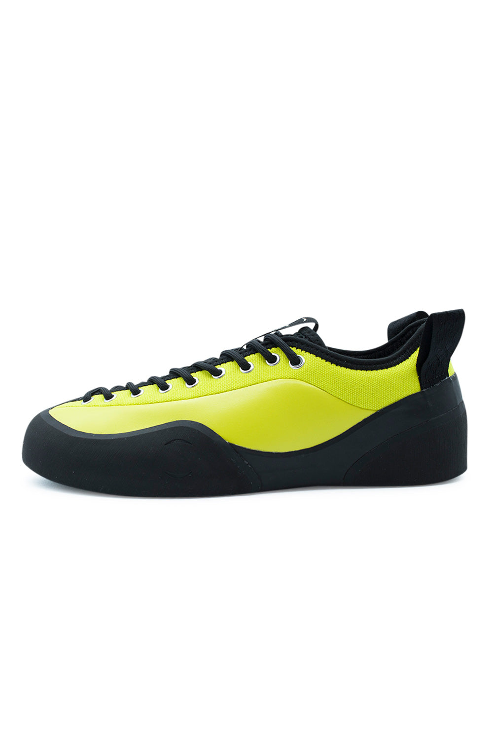Lateral profile view of the Village PM 1PM skate shoe in Lime LTR and Natural Black, featuring a smooth neon lime green full-grain leather upper paired with textured canvas collar panels, silver eyelets, black laces, an oversized black canvas heel pull tab, and a hand-wrapped black sticky climbing rubber rand covering the lower chassis and ollie impact area.