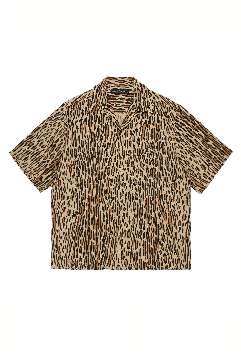Full front view of the Wacko Maria wide-fitted short sleeve Hawaiian shirt in brown, featuring an all-over abstract leopard animal print in black and tan tones.