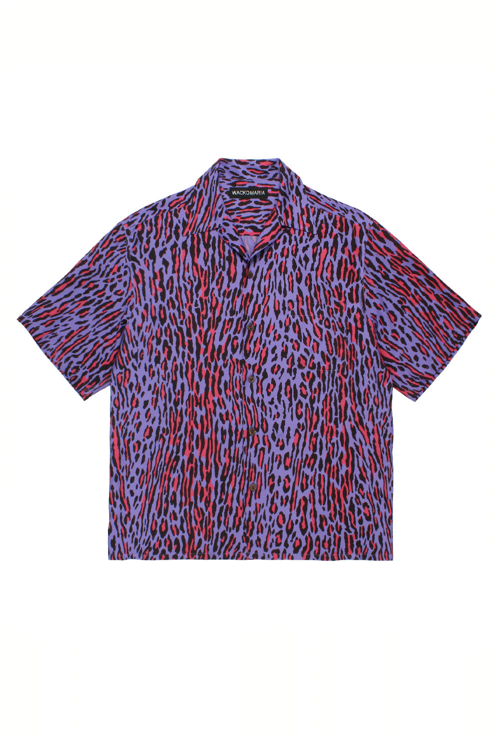 Full front view of the Wacko Maria wide-fitted short sleeve Hawaiian shirt in purple, featuring an all-over abstract animal leopard print in black and pink.