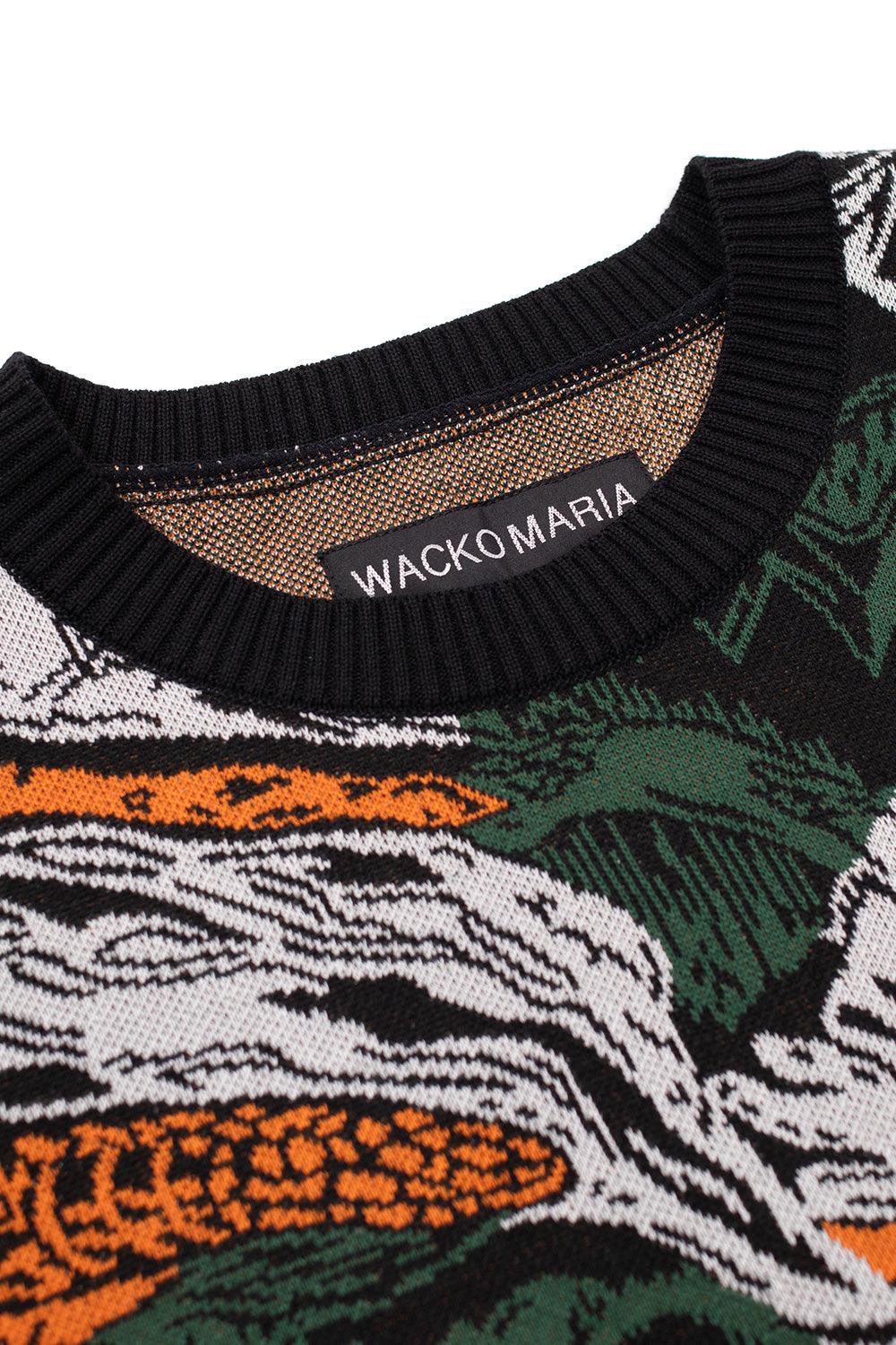 close up of Wacko Maria grey jacquard sweater neckline, ribbed collar detail with intricate woven pattern, high quality cotton rayon silk knit made in Japan