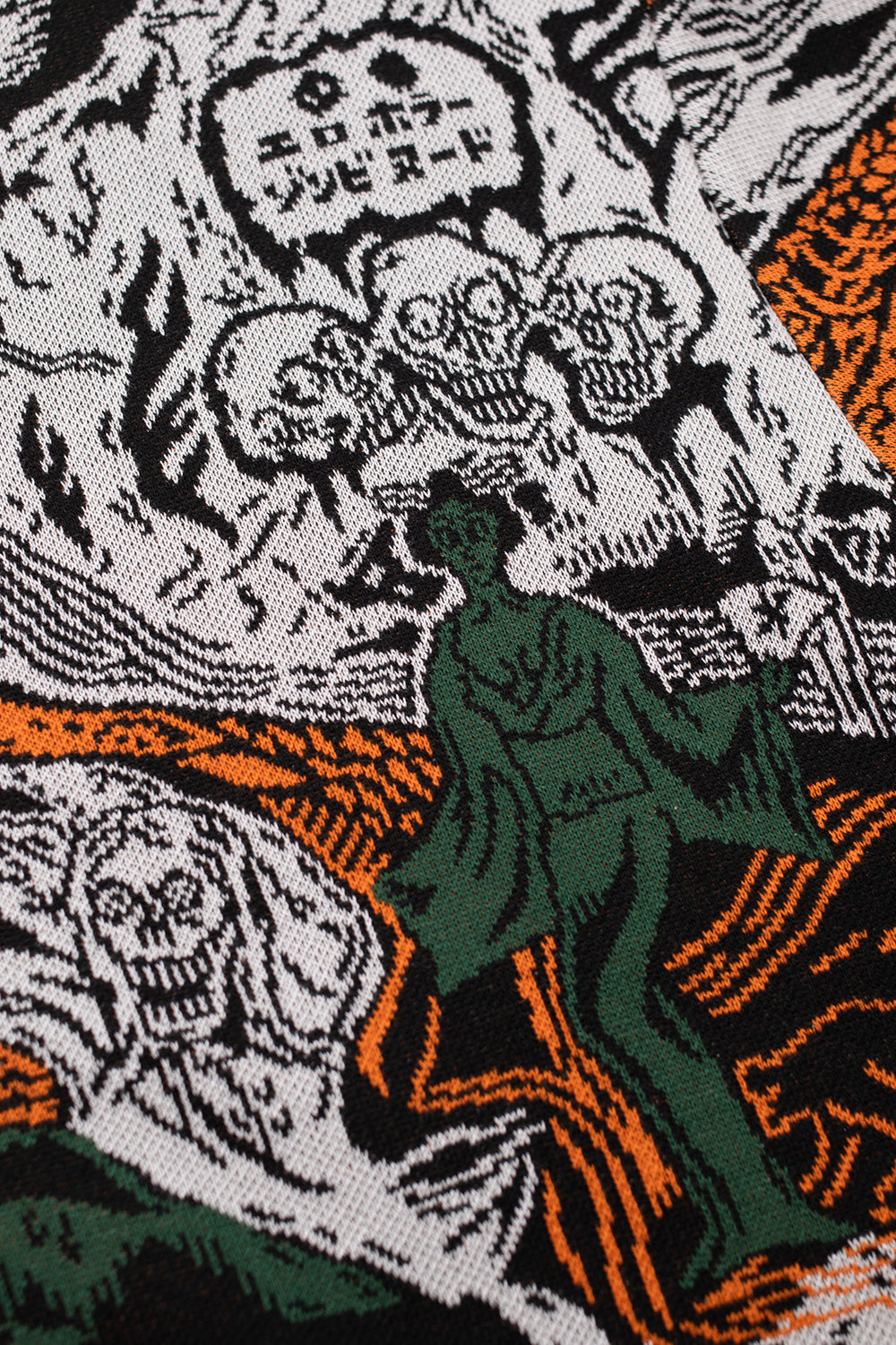 detailed jacquard artwork on Wacko Maria sweater featuring bold graphic motifs, textured knit structure and signature Guilty Parties aesthetic in grey tones