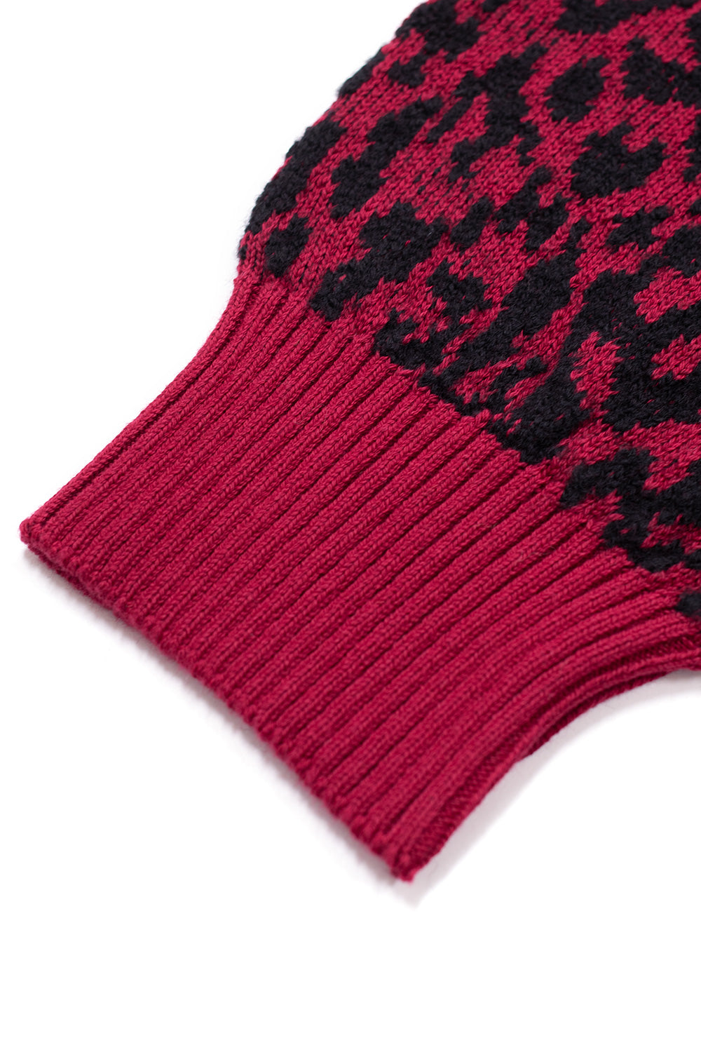 Ribbed cuff and hem detail of Wacko Maria Leopard Jacquard Sweater Type-1 red, wide fit silhouette with elastic finish, durable cotton wool knit, made in Japan quality