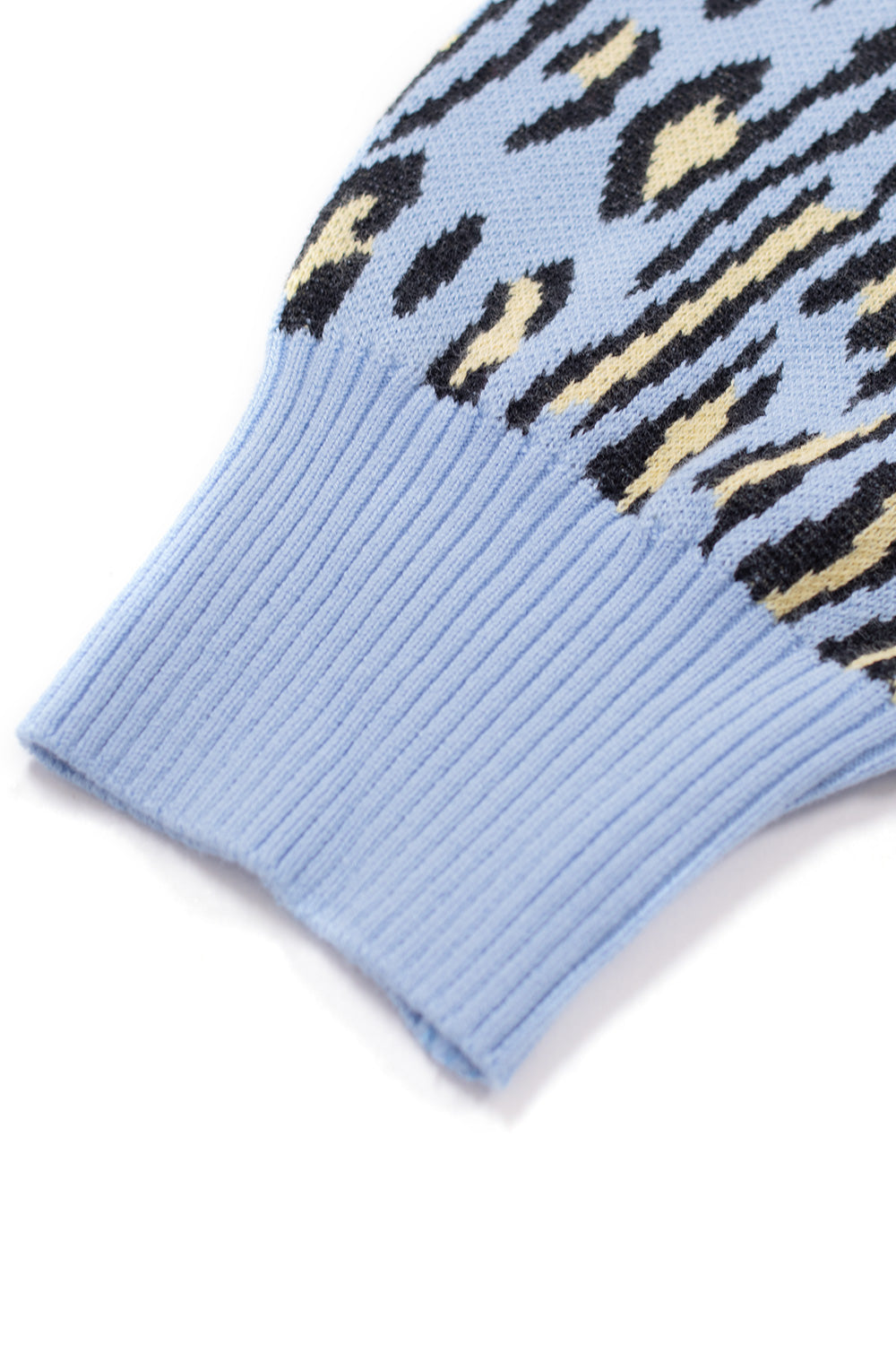 Ribbed sleeve cuff detail of Wacko Maria Leopard Jacquard Sweater Type-2 light blue, wide fit cotton knit with elastic hem finish, high-quality made in Japan garment construction
