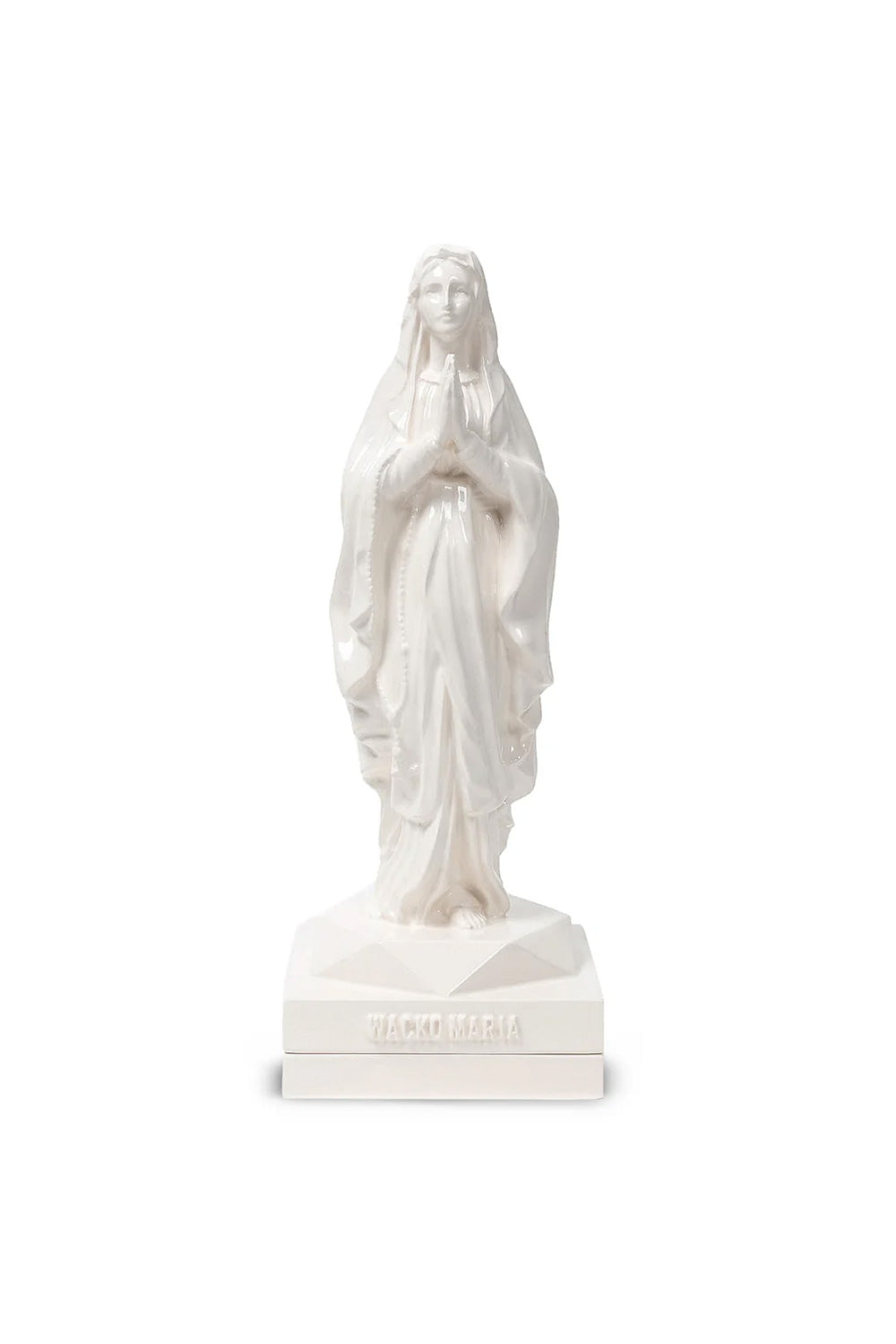 Front view of the handcrafted Wacko Maria Maria Incense Burner in gloss-white ceramic, featuring a detailed Virgin Mary sculpture with the brand name on the base.