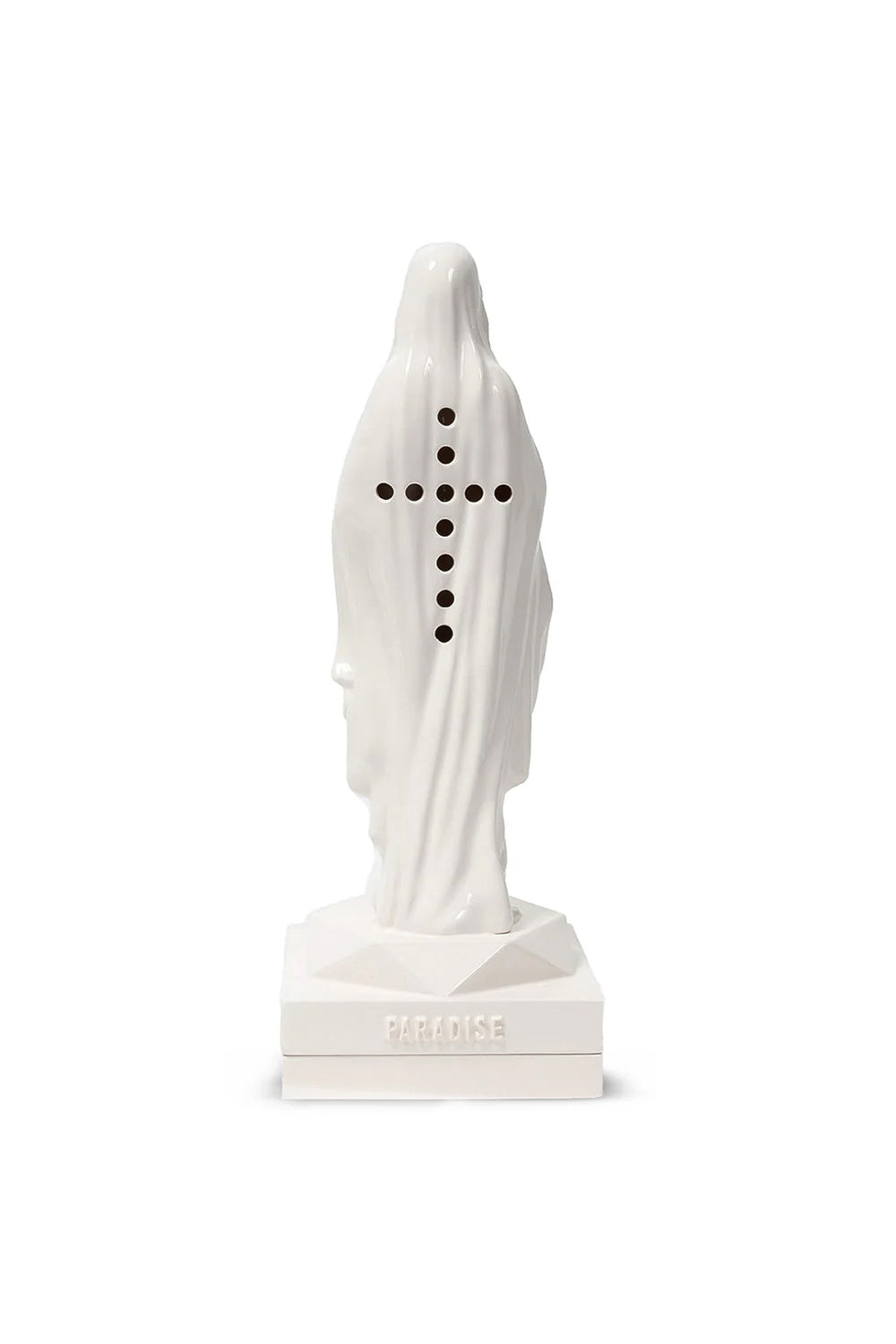 Back view of the white Wacko Maria Maria Incense Burner showcasing the hidden smoke perforations arranged in a cross shape and the word Paradise on the base.
