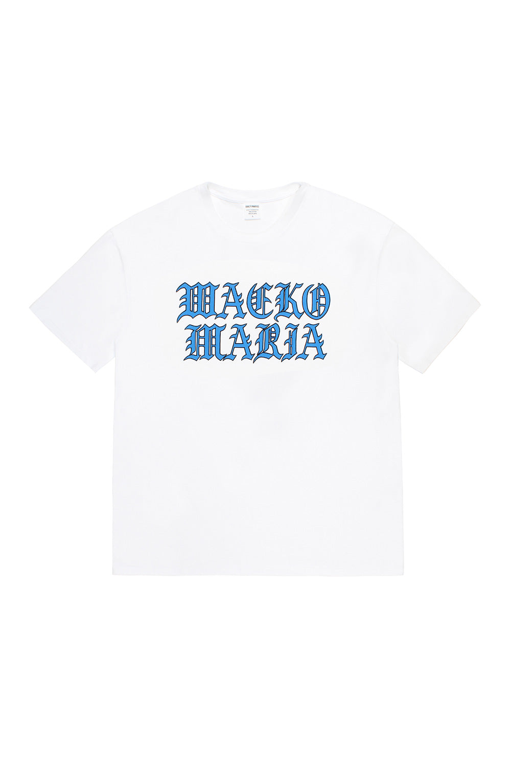 Front view of the Wacko Maria Washed Heavy Weight Crew Neck T-Shirt in White featuring a blue Gothic-style brand logo printed on the chest.