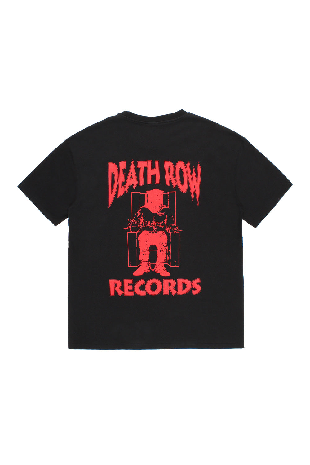 Back view of the black Wacko Maria x Death Row Records heavy weight t-shirt showing the large red printed electric chair graphic and text.
