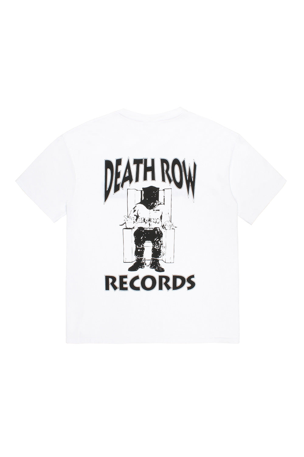 Back view of the white Wacko Maria x Death Row Records heavy weight t-shirt showing the large black printed electric chair graphic and text.