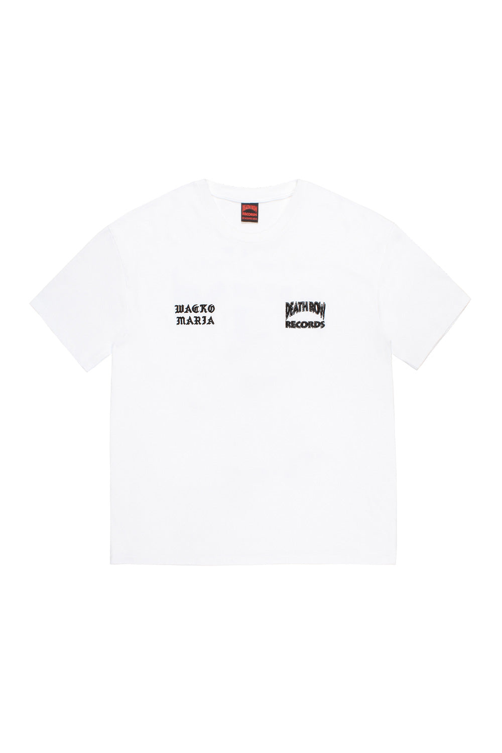 Front view of the white Wacko Maria x Death Row Records washed heavy weight crew neck t-shirt featuring black embroidered chest logos.