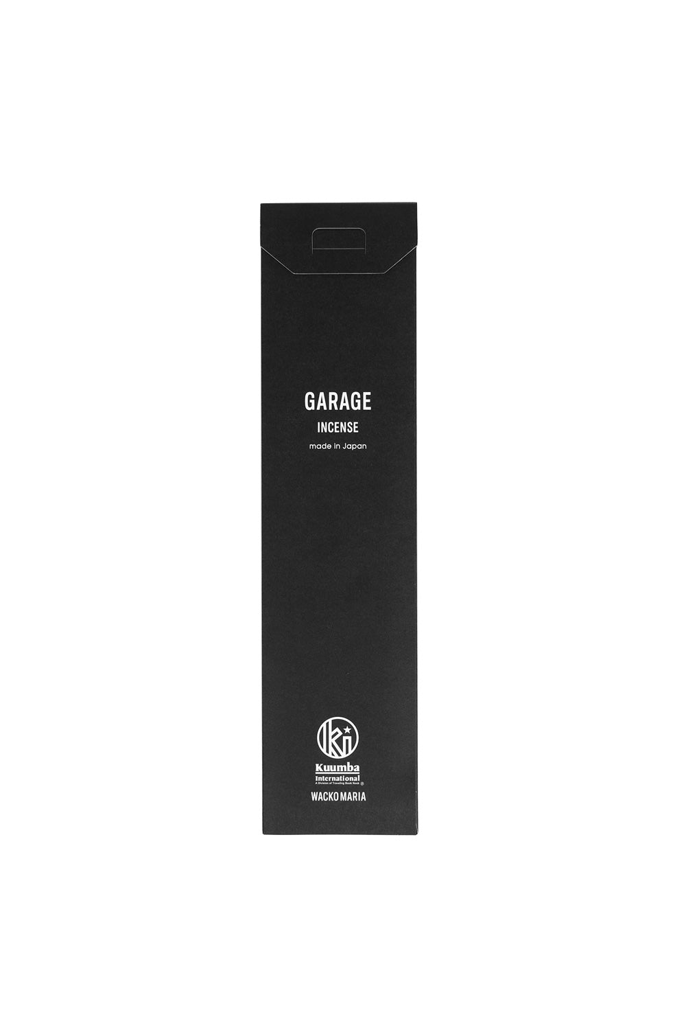 Back view of the black Wacko Maria x Kuumba incense packaging showing the text Garage Incense, Made in Japan, and both brand logos printed in white.