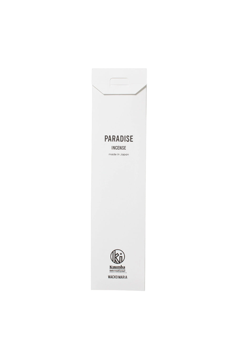 Back view of the white Wacko Maria x Kuumba incense packaging showing the text Paradise Incense, Made in Japan, and both brand logos printed in black.