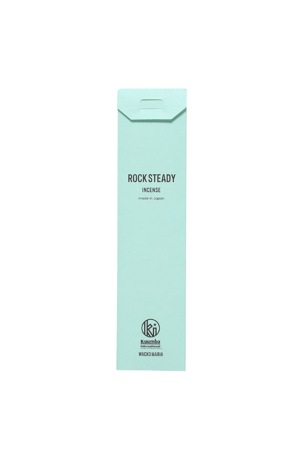 Back view of the light blue Wacko Maria x Kuumba incense packaging showing the text Rock Steady Incense, Made in Japan, and both brand logos printed in black.