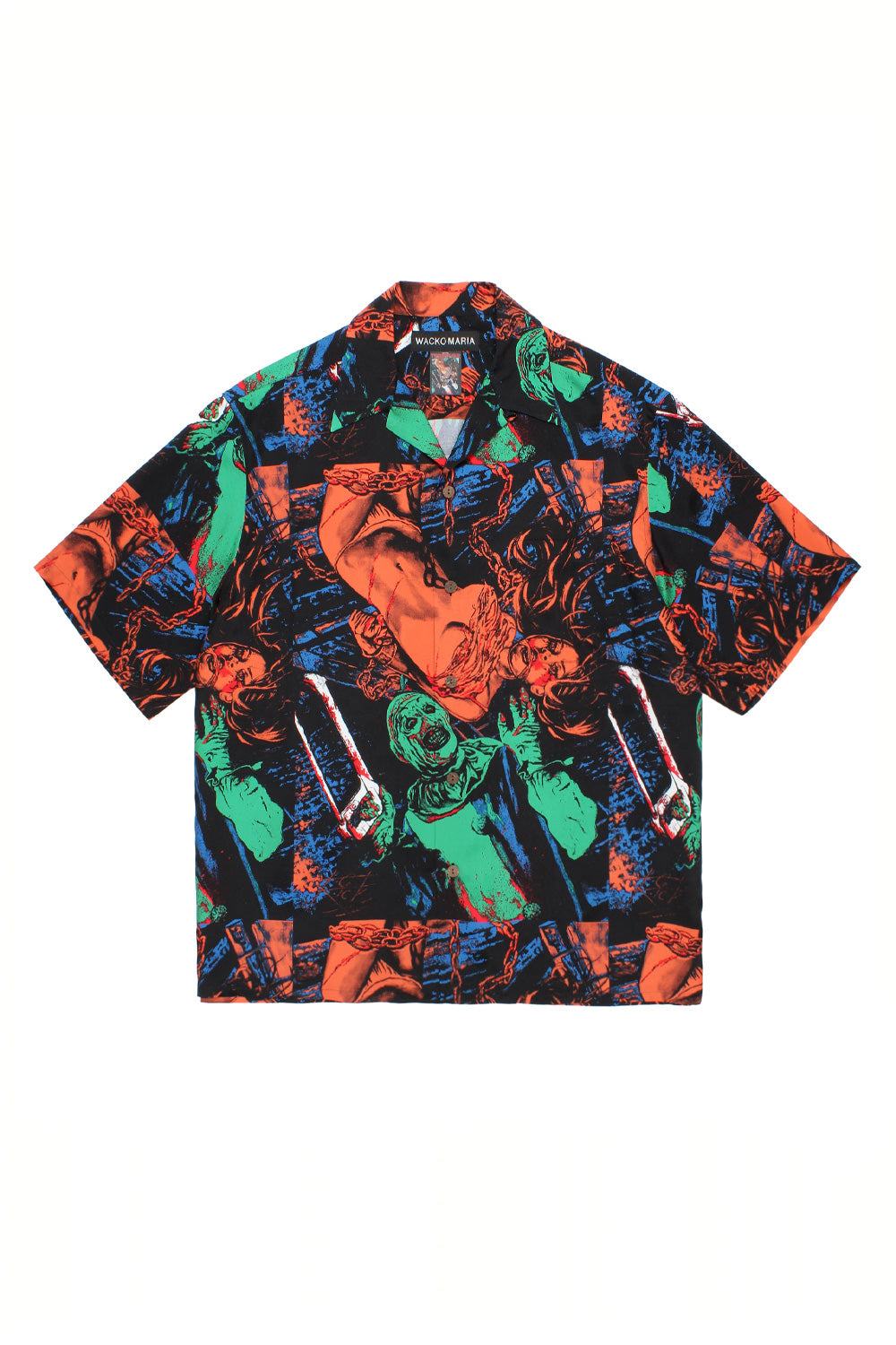 Wacko Maria x Terrifier Hawaiian shirt Type-2 full print front view featuring Art the Clown horror graphics, wide fit short sleeve rayon shirt, Japanese streetwear collaboration