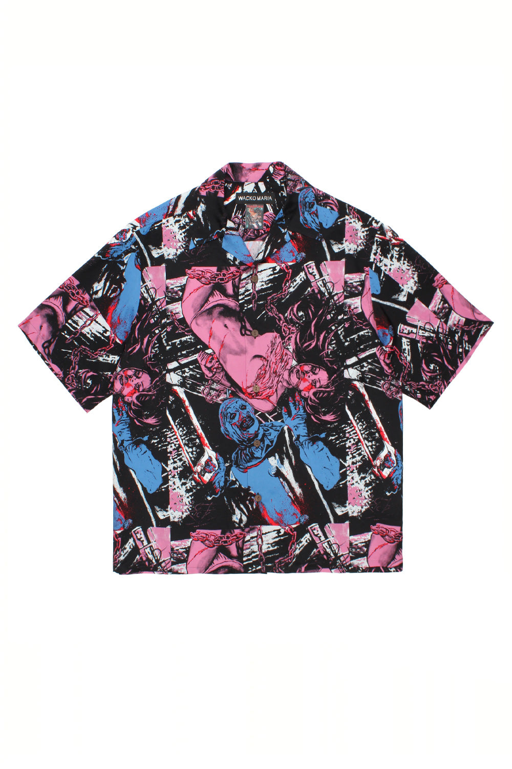 Wacko Maria x Terrifier Type-3 Hawaiian shirt front view with bold Art the Clown horror print, wide fit short sleeve rayon shirt, premium Japanese streetwear collaboration piece