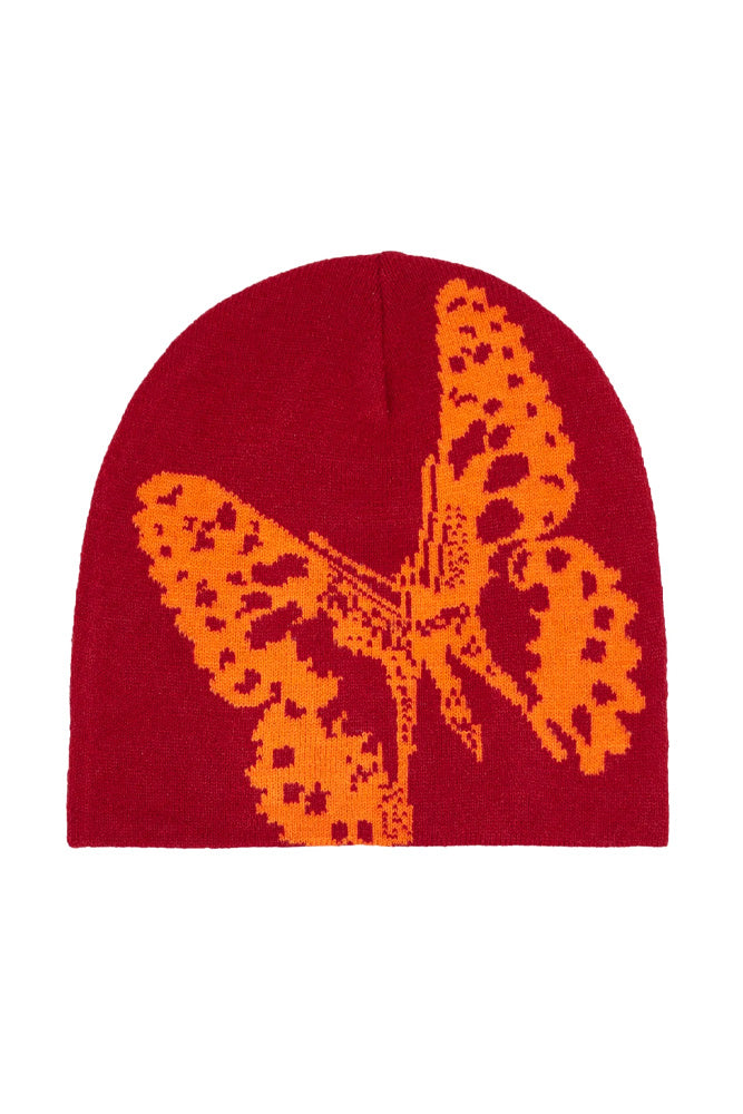 Rote Bye Jeremy Butterfly Beanie mit Schmetterlings-Logo – stilvolle Mütze für trendige Streetwear-Outfits.