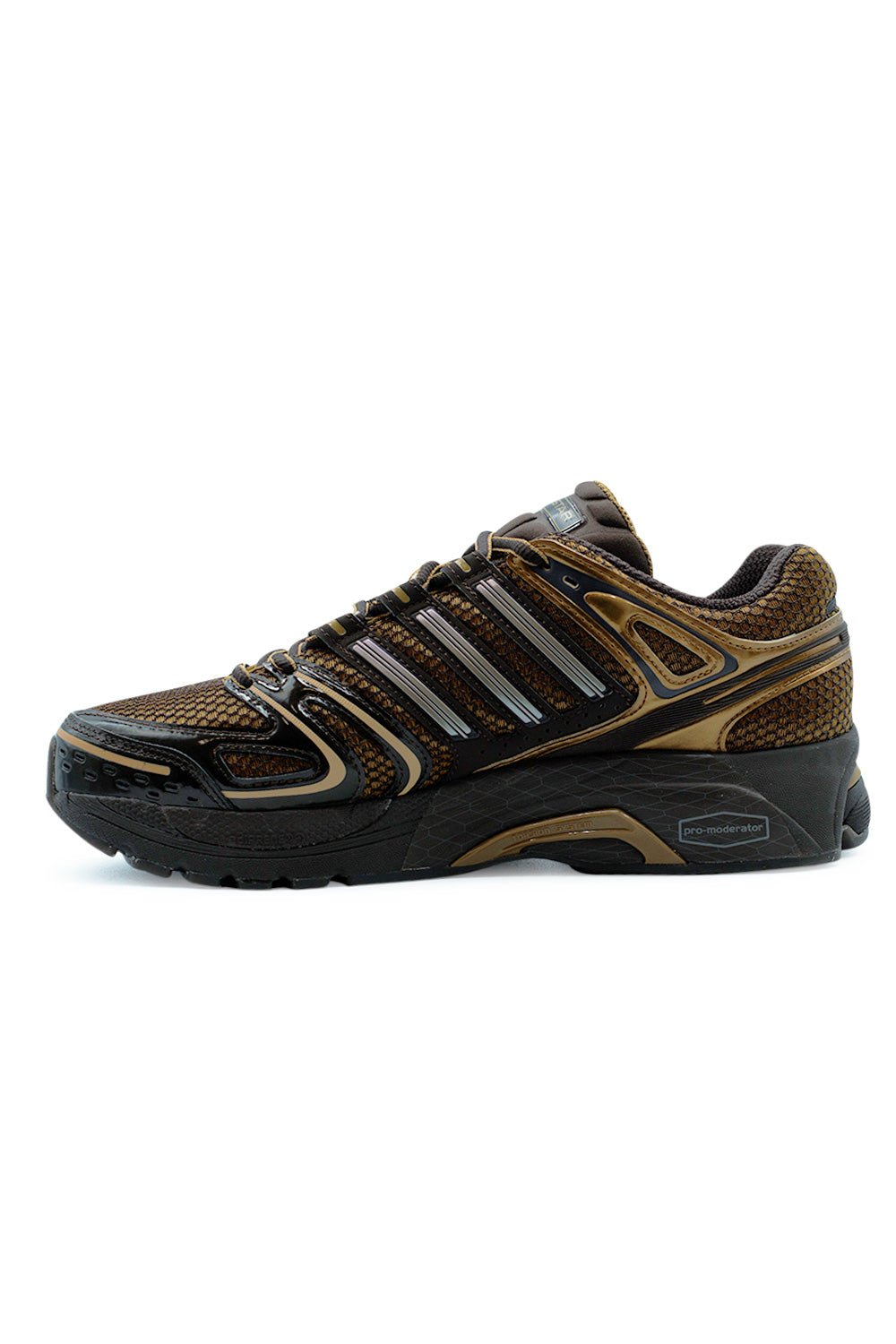 Adidas Adistar Control 5 Bronze Strata Dark Brown sneakers angled pair shot highlighting metallic synthetic overlays, breathable mesh upper and iconic Adidas performance running heritage