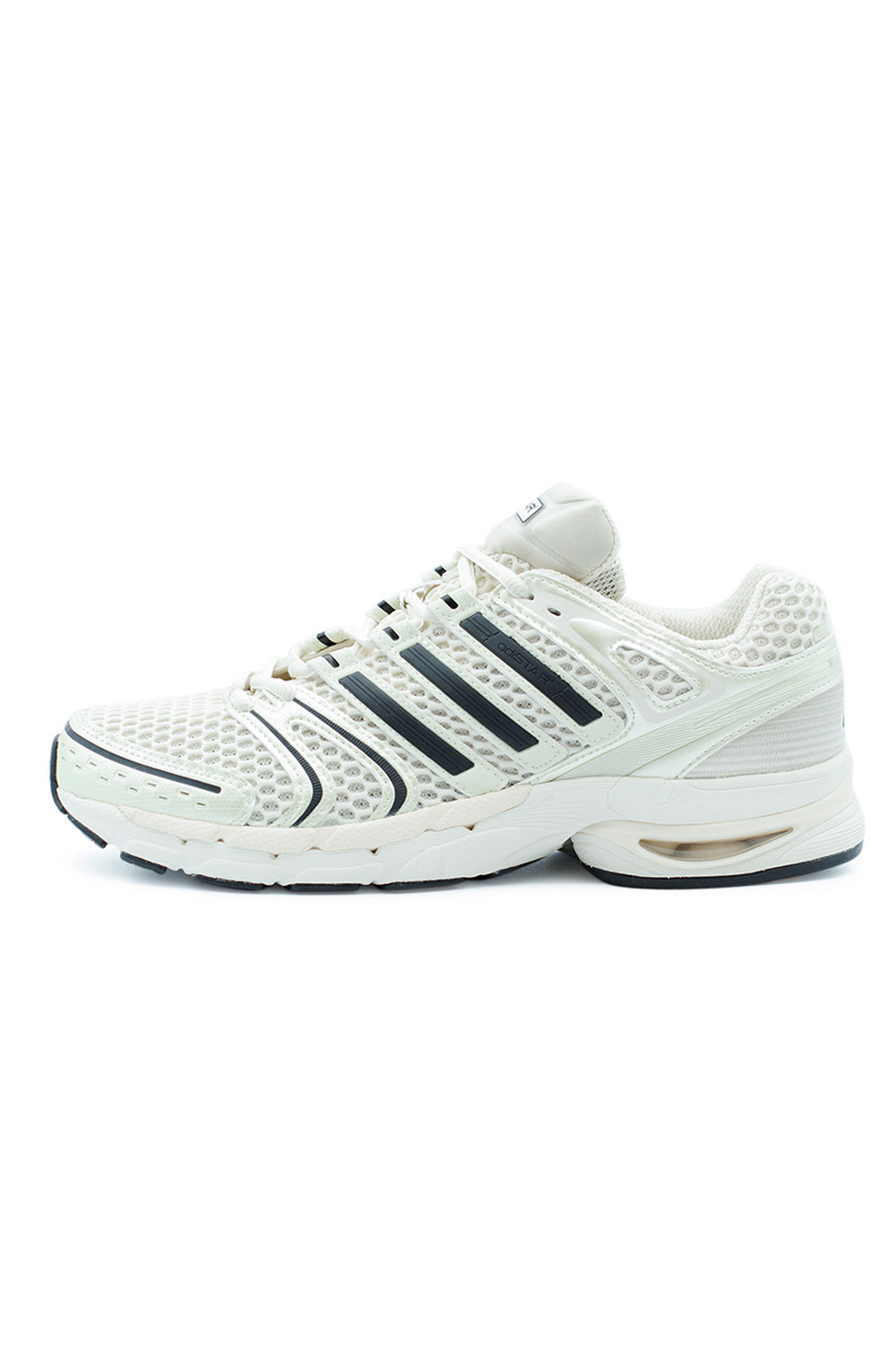 Adidas Adistar Control 5 Cloud White Core Black Alumina, retro-inspired 2000s running sneaker with breathable mesh upper and cushioned outsole.