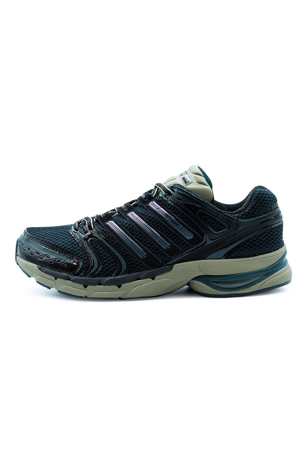 Adidas Adistar Control 5 running sneaker in Cloud White Core Black Aurora Ivy featuring breathable mesh upper, metallic overlays, EVA midsole cushioning and classic early 2000s performance runner design