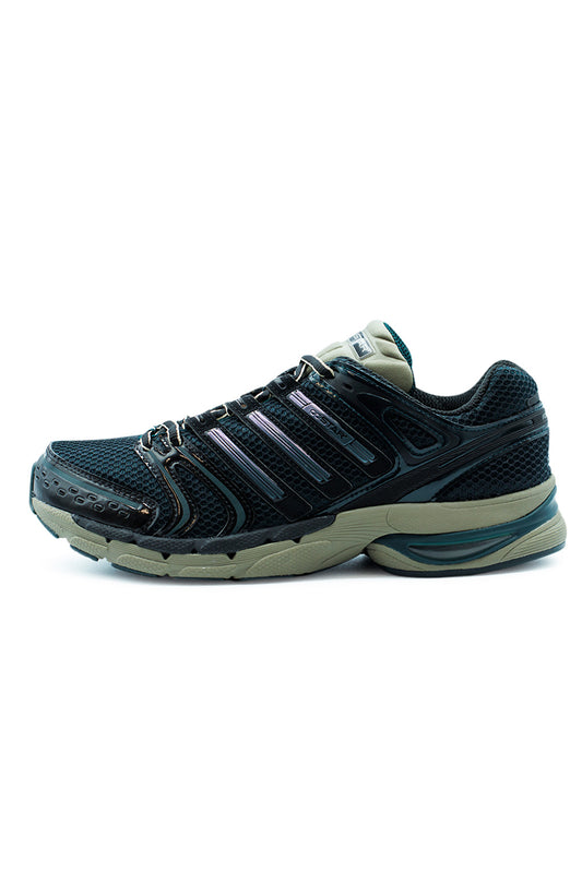 Adidas Adistar Control 5 running sneaker in Cloud White Core Black Aurora Ivy featuring breathable mesh upper, metallic overlays, EVA midsole cushioning and classic early 2000s performance runner design